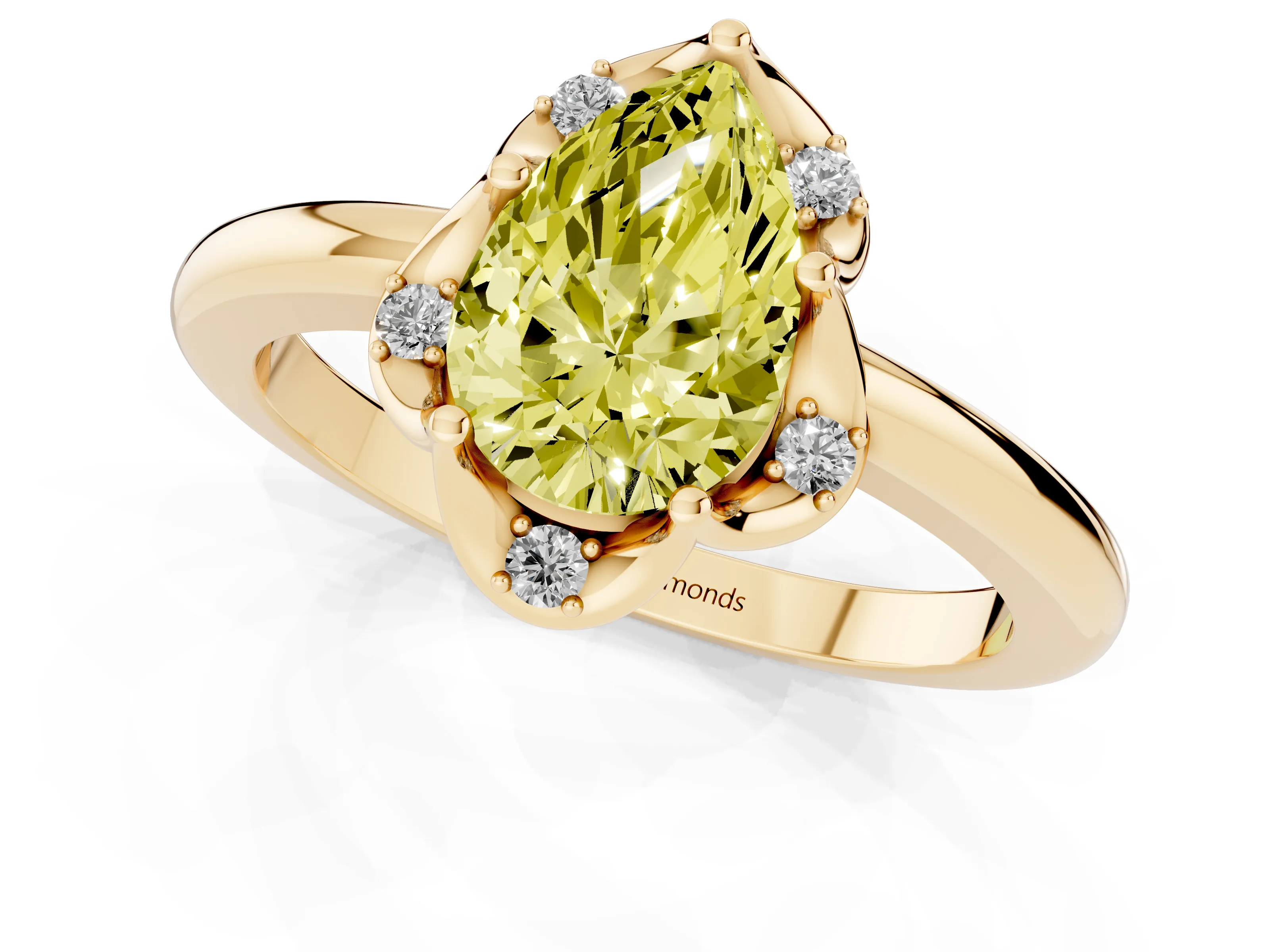 Fancy Yellow Pear Cut Diamond Round Cluster Halo Ring Set in Yellow gold with Solitaire Band and Prong Setting