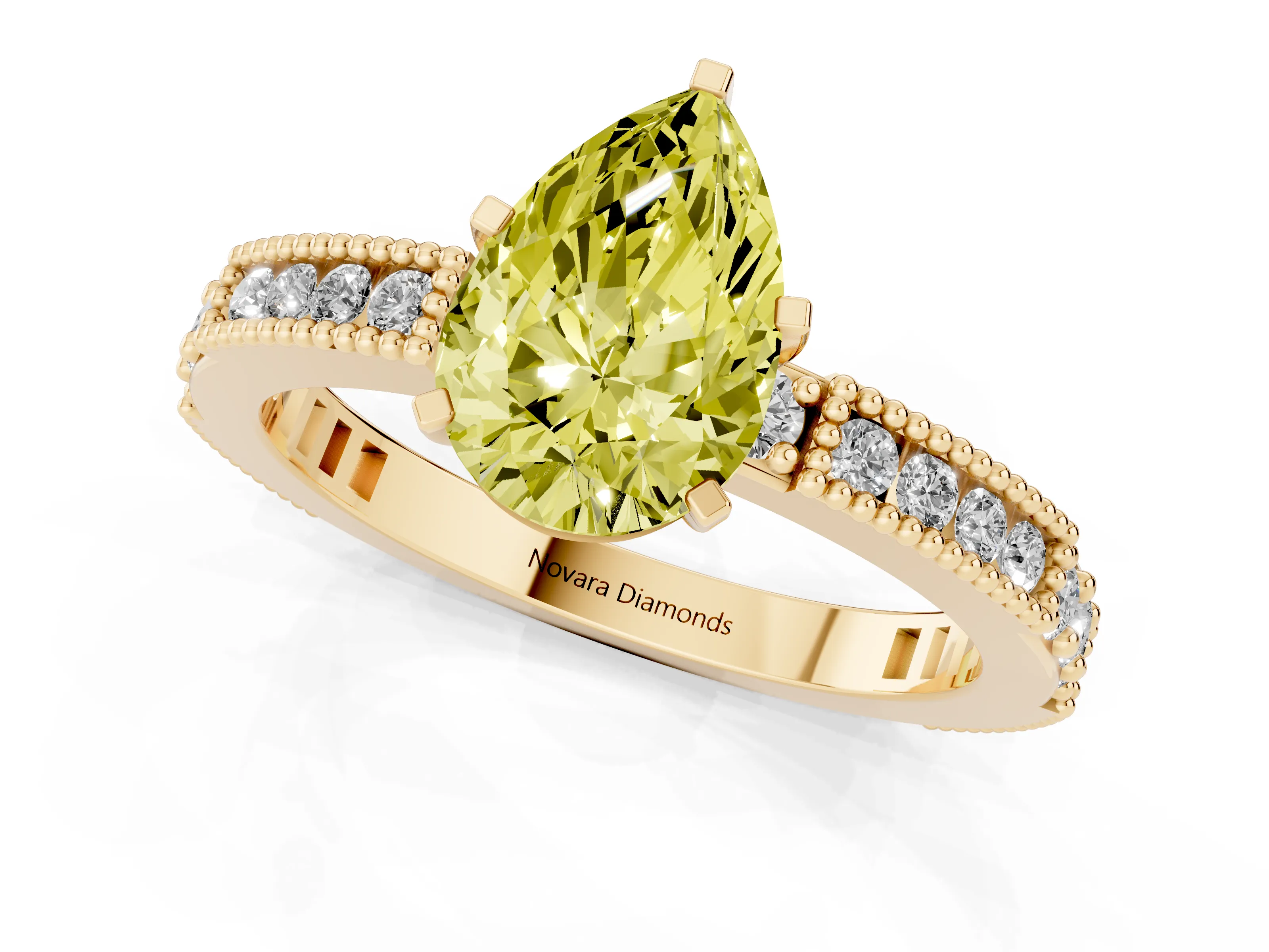 Fancy Yellow Pear Cut Diamond Solitaire Ring Set in Yellow gold with Slim Pavé Band and Prong Setting