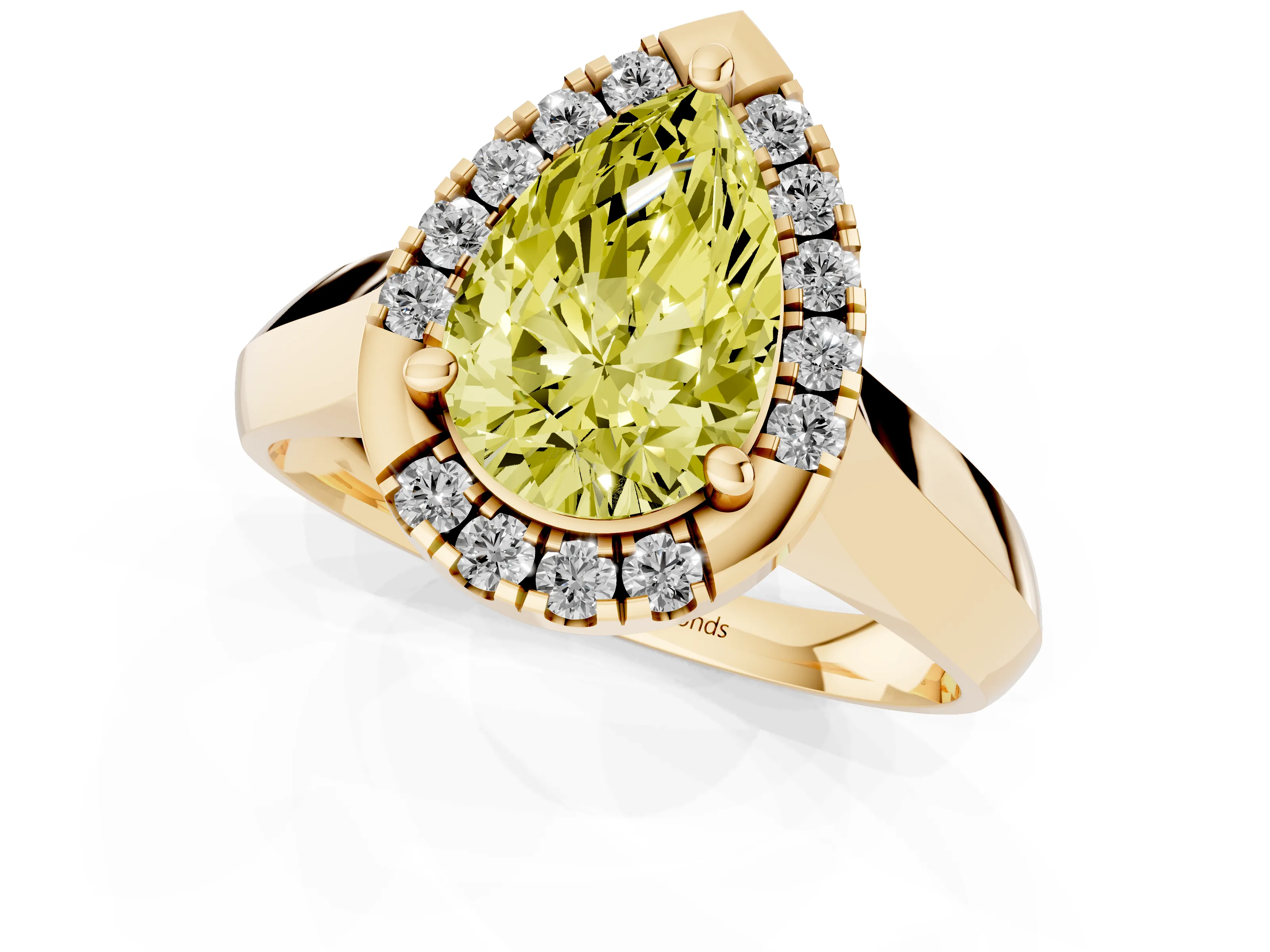 Fancy Yellow Pear Cut Diamond Halo Solitaire Engagement Ring Set in Yellow gold with Square Band and Prong Setting