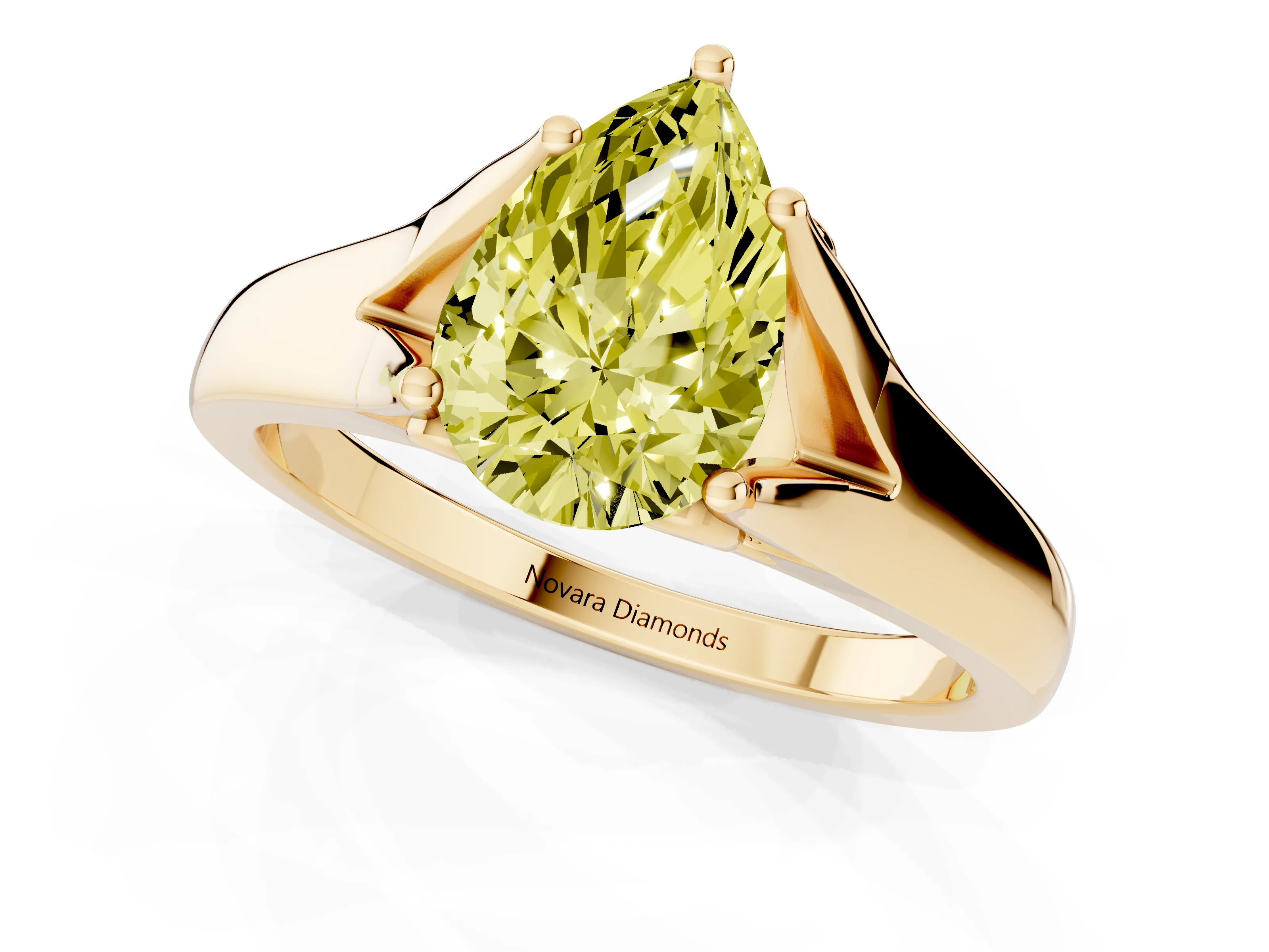 Fancy Yellow Pear Cut Diamond Solitaire Ring Set in Yellow gold with Arched Cathedral Band and Prong Setting