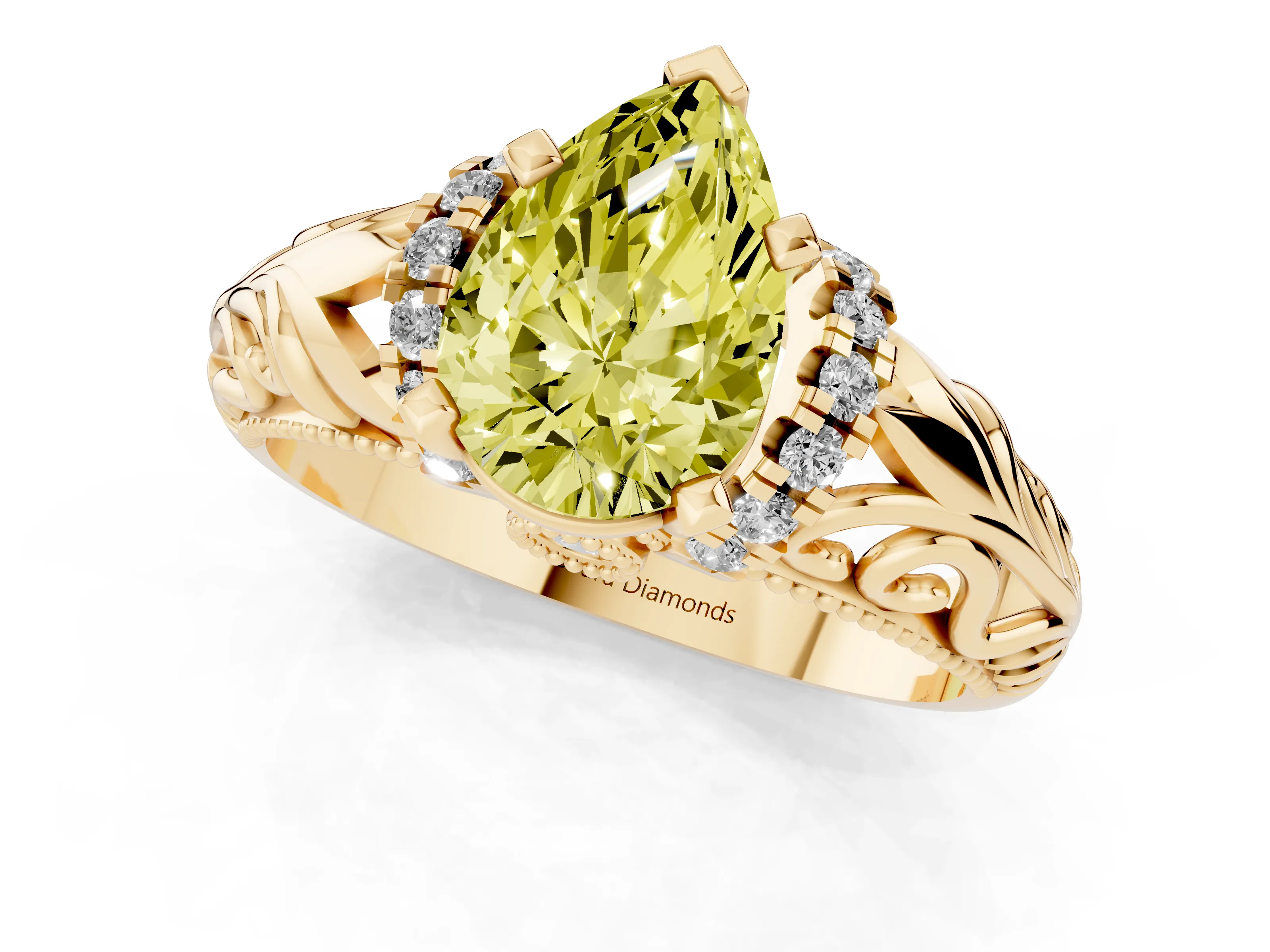 Fancy Yellow Pear Cut Diamond Filigree Halo Engagement Ring Set in Yellow gold with Prong Setting