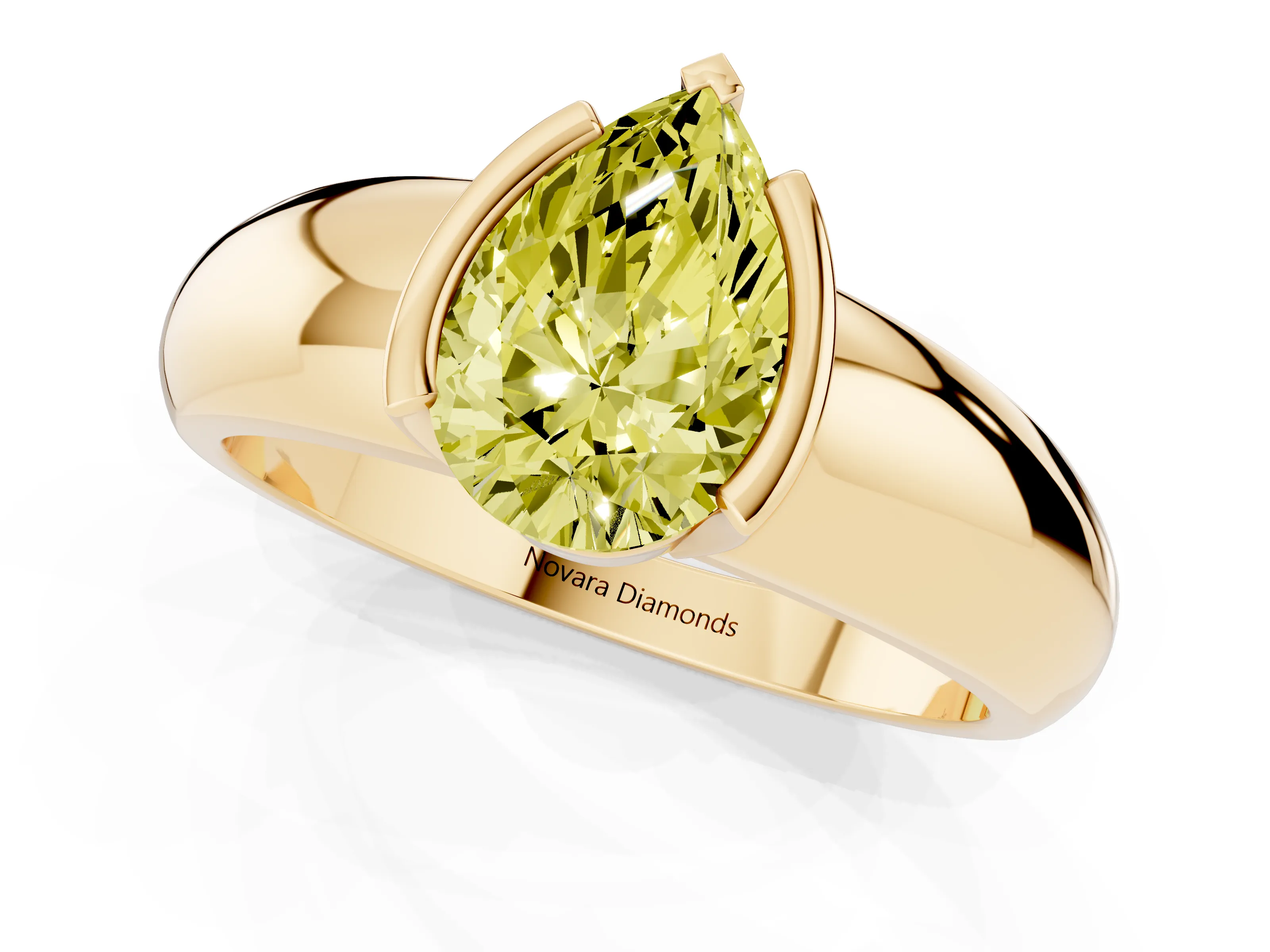 Fancy Yellow Pear Cut Diamond Solitaire Tension Set Ring Set in Yellow gold with Wide Band