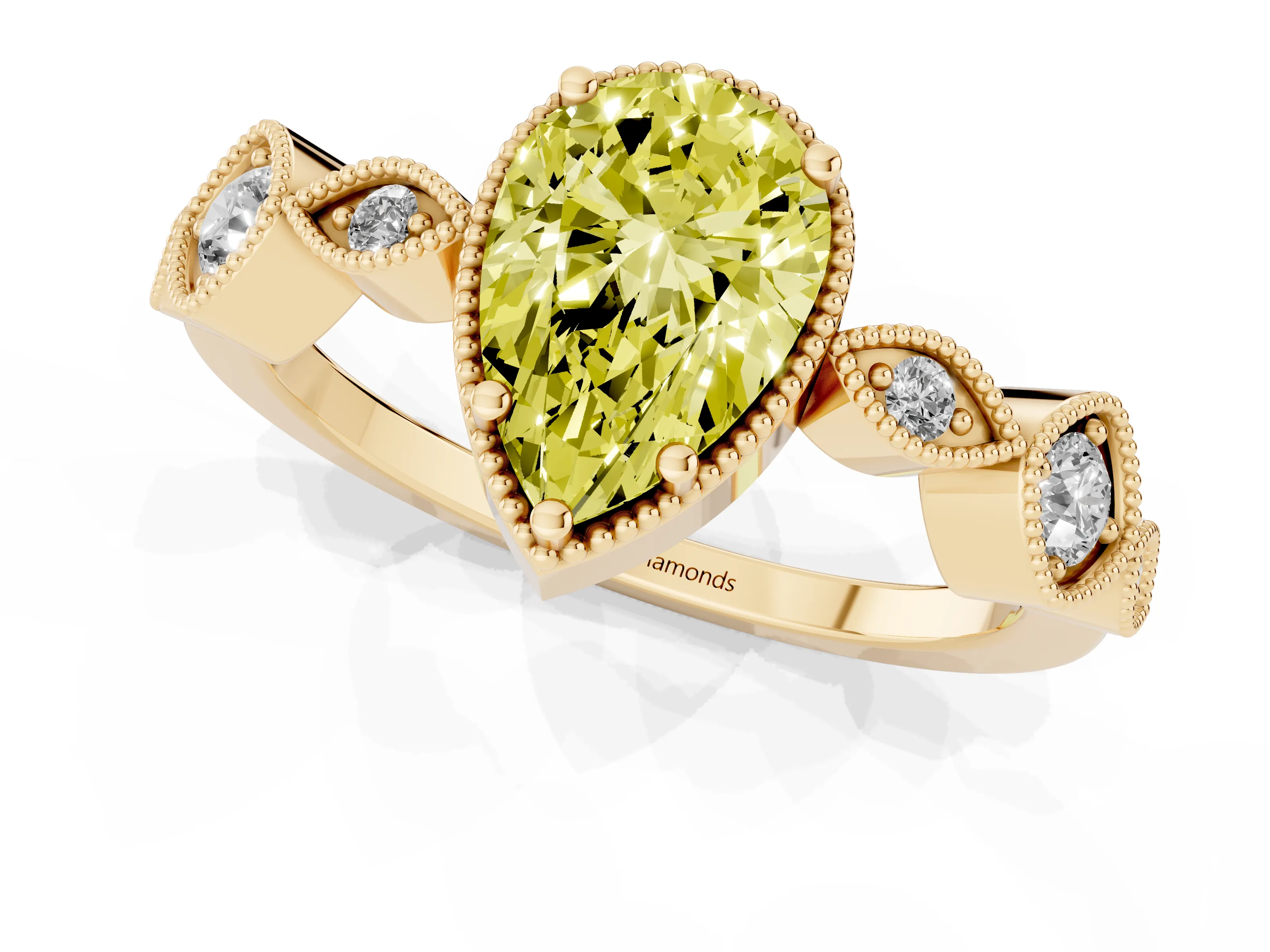 Fancy Yellow Pear Cut Diamond Vintage-Inspired Milgrain Ring Set in Yellow gold with Marquise Stations of Round Accents