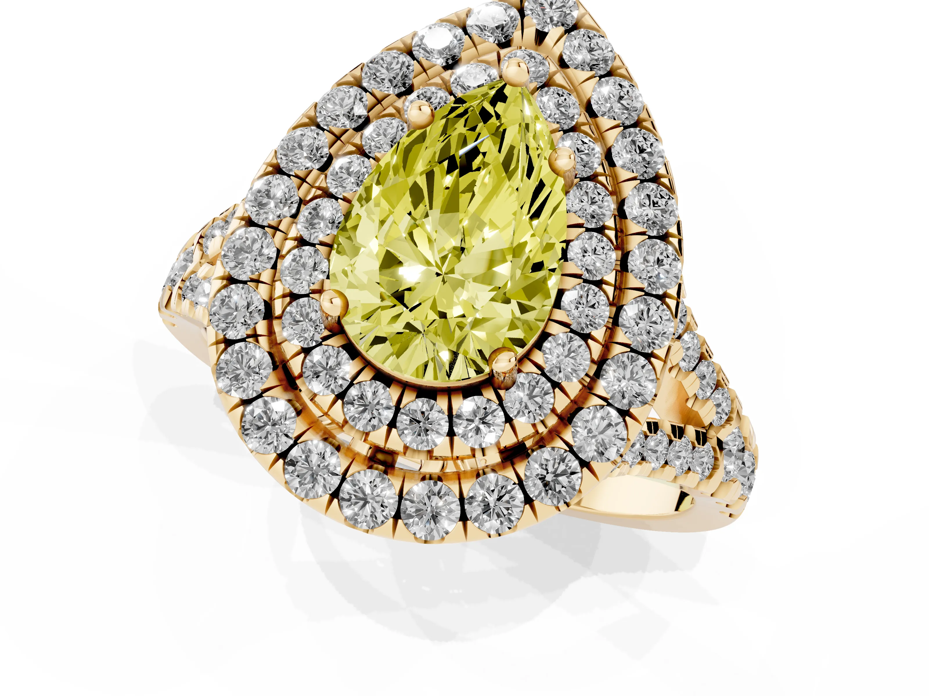 Fancy Yellow Pear Cut Diamond Double Halo Ring Set in Yellow gold with Pavé Split Shank and Prong Setting