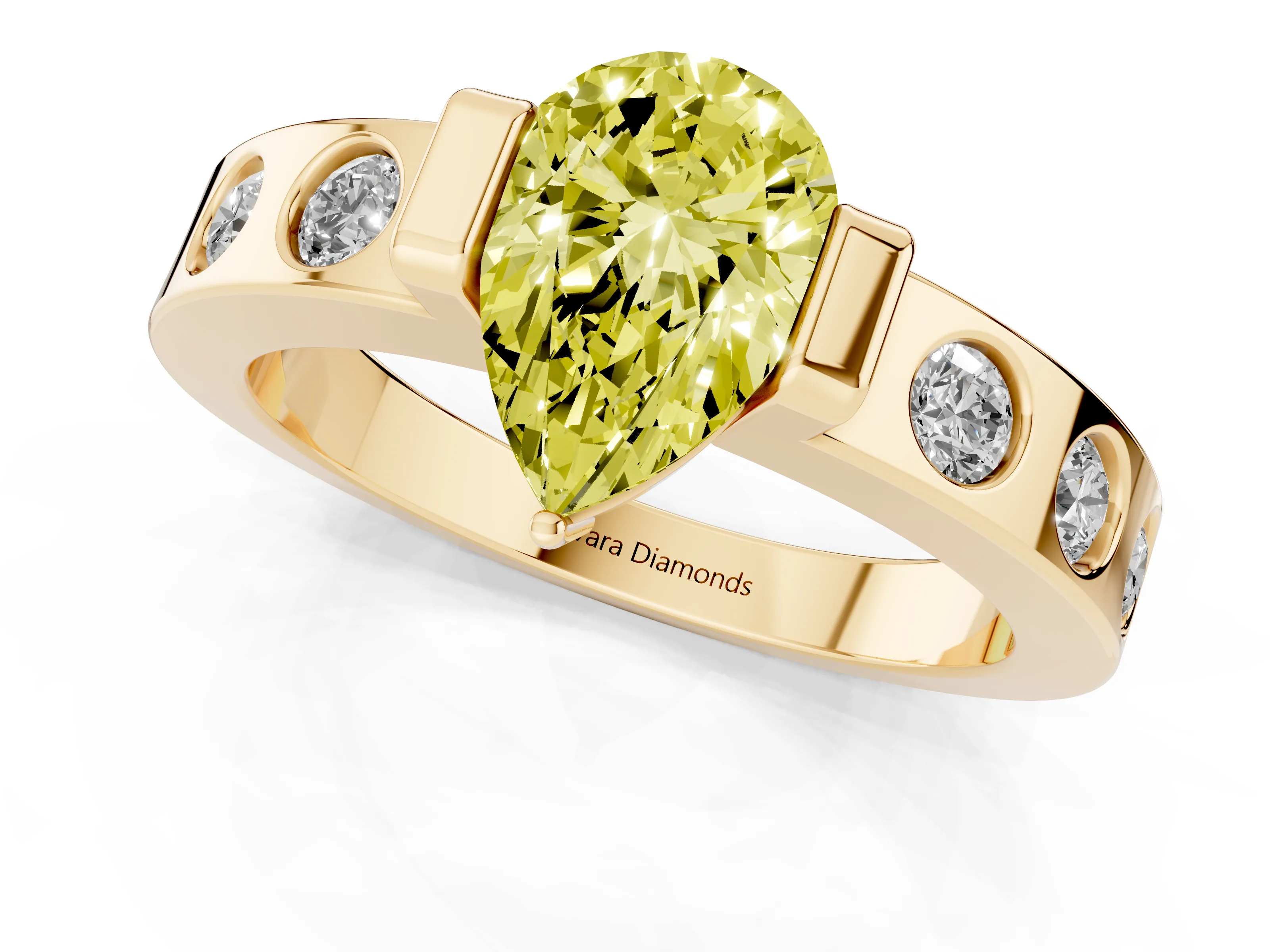 Fancy Yellow Pear Cut Diamond Channel-Set Band Ring Set in Yellow gold with Bezel Prong Setting