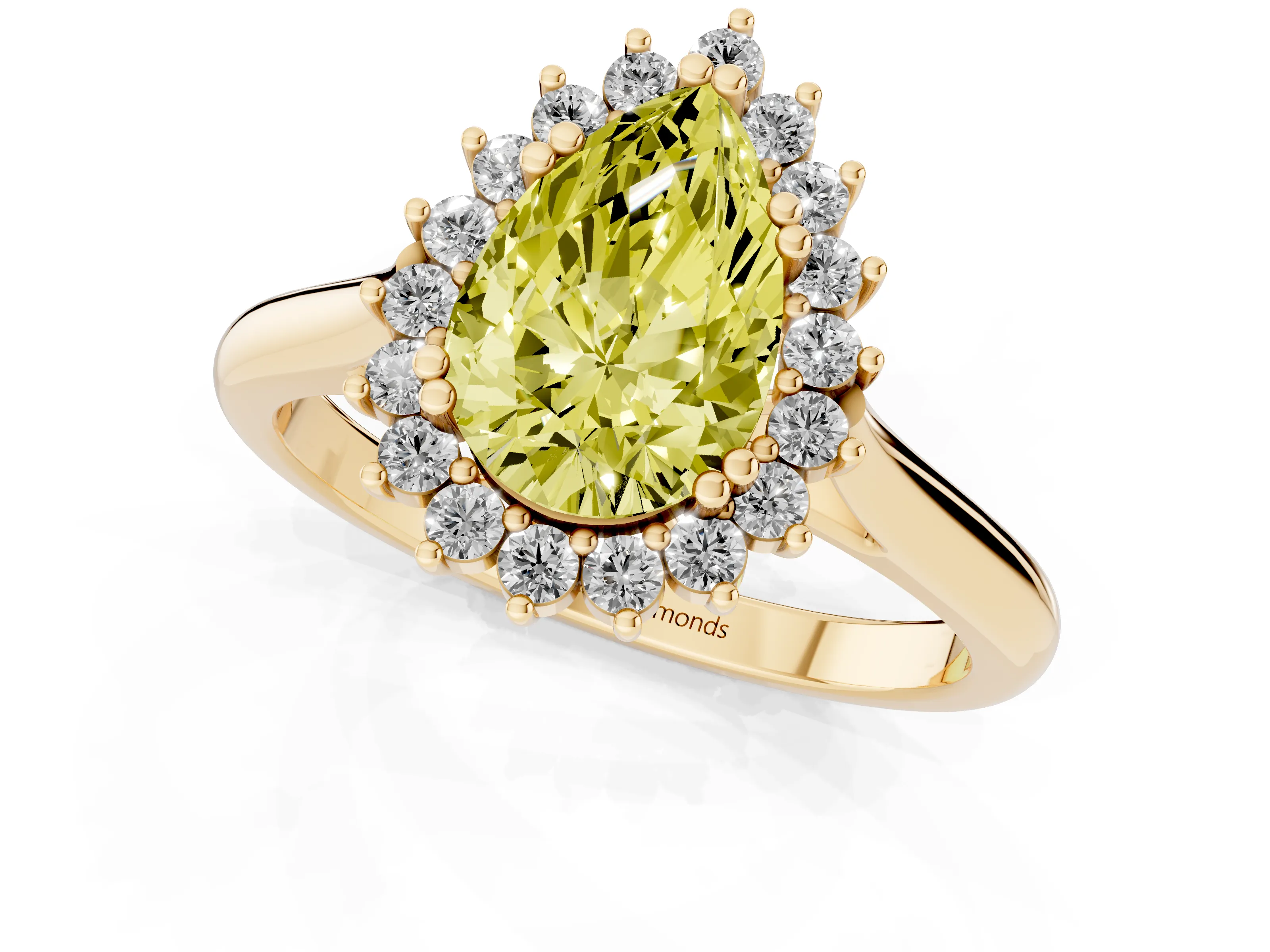 Fancy Yellow Pear Cut Diamond Halo Ring Set in Yellow gold with Plain Solitaire Band and Prong Setting