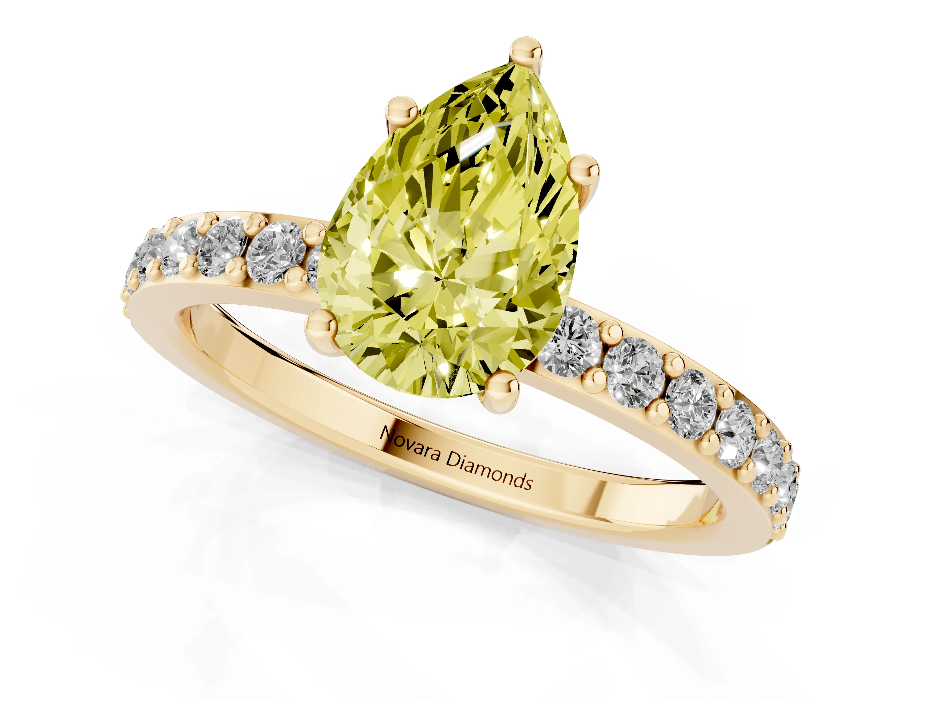 Fancy Yellow Pear Cut Diamond Solitaire Set in Yellow gold with Round Pavé Band and Prong Setting