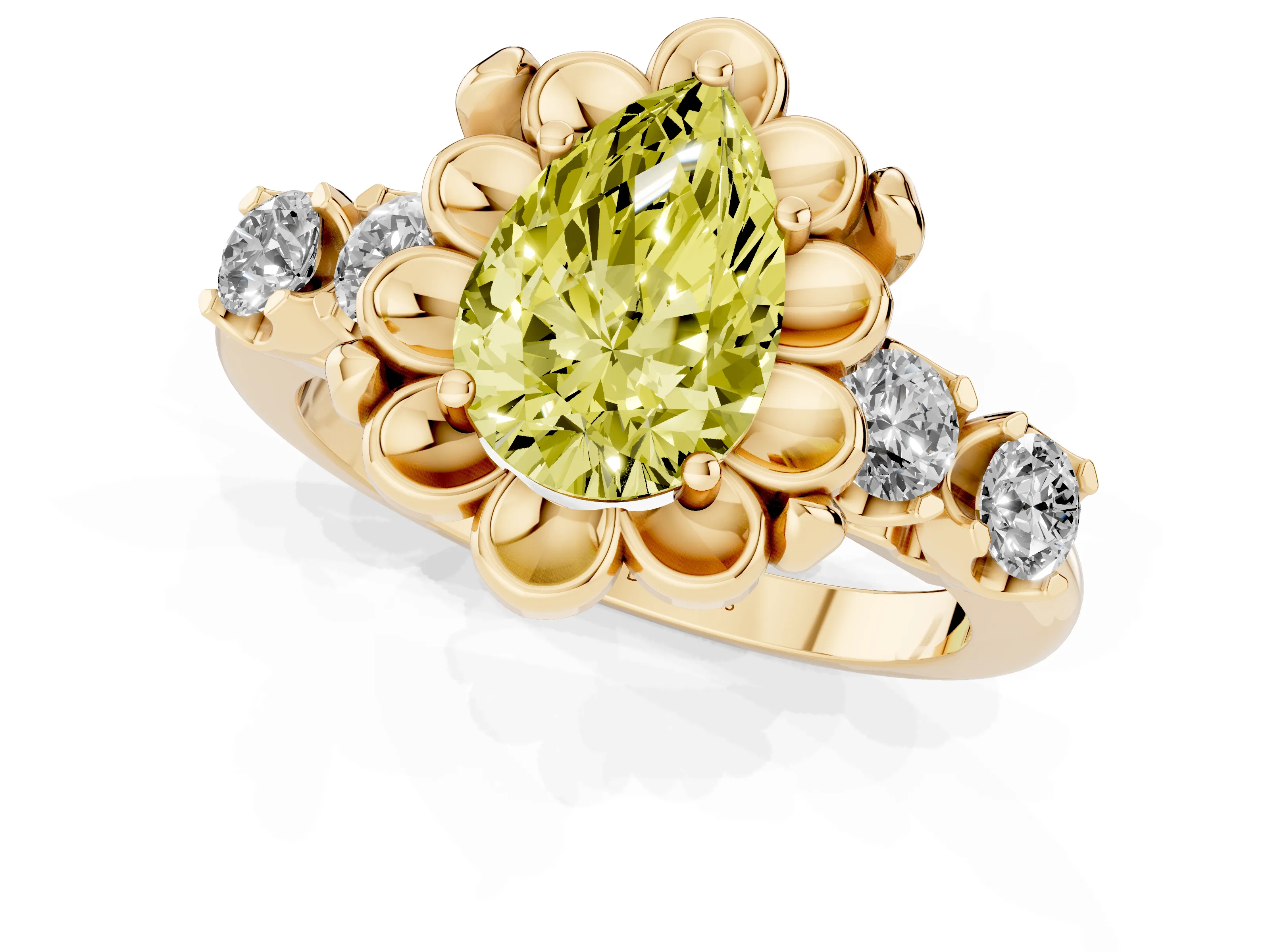 Fancy Yellow Pear Cut Diamond Floral Halo Ring Set in Yellow gold with Shared Prong Band