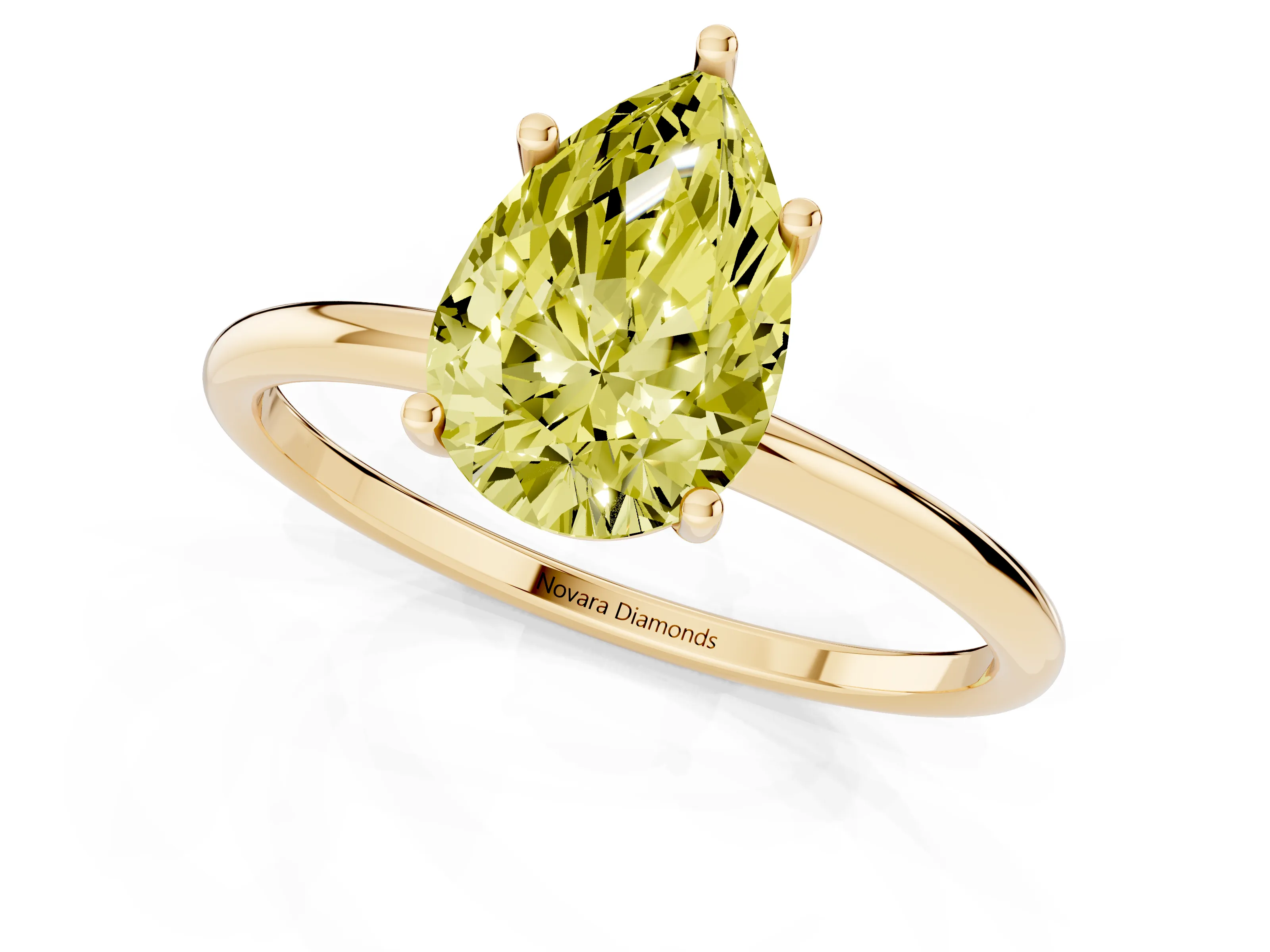 Fancy Yellow Pear Cut Diamond Solitaire Engagement Ring Set in Yellow gold with Thin Band and Prong Setting