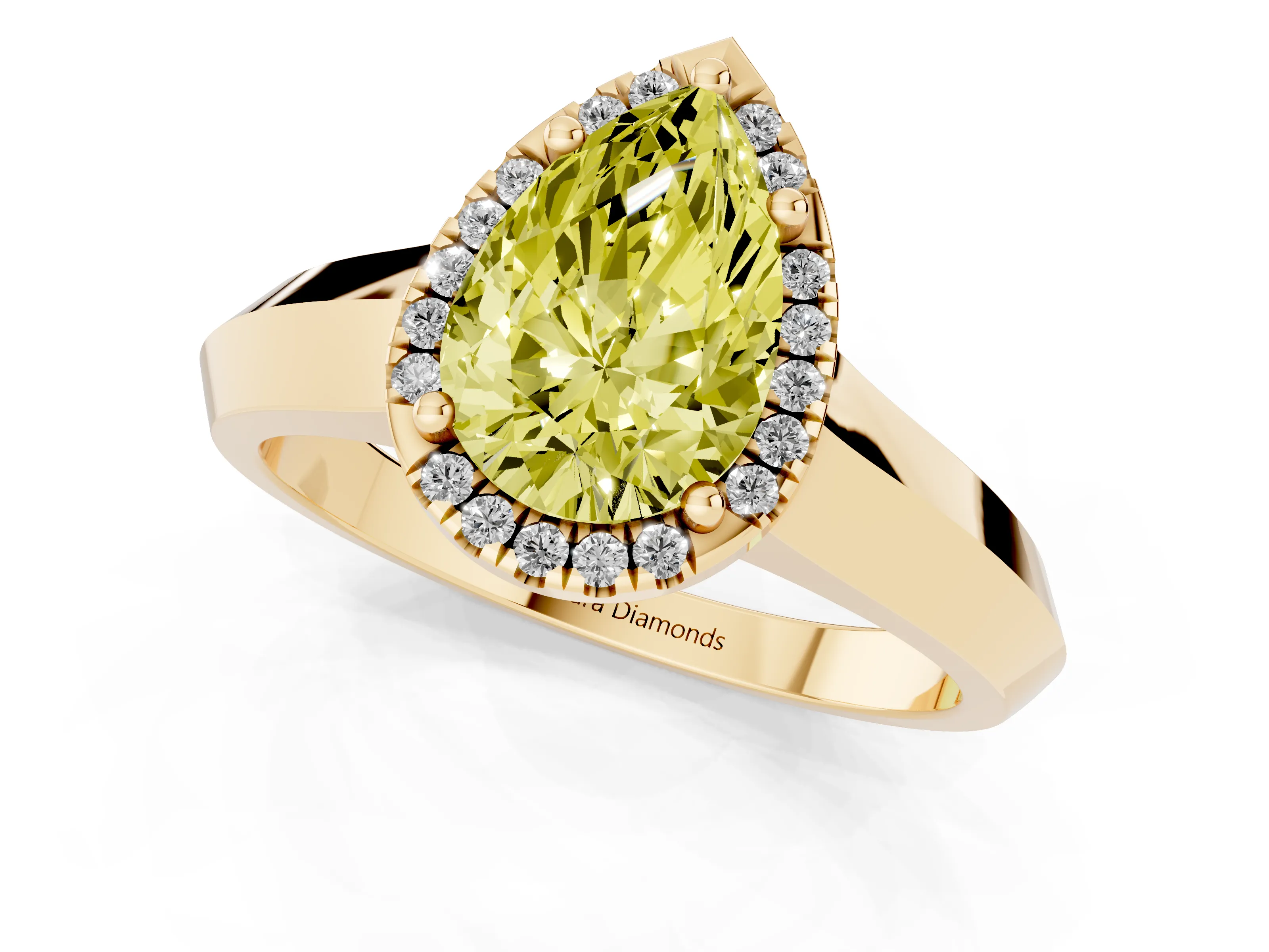 Fancy Yellow Pear Cut Diamond Halo Ring Set in Yellow gold with Cathedral Band and Prong Setting