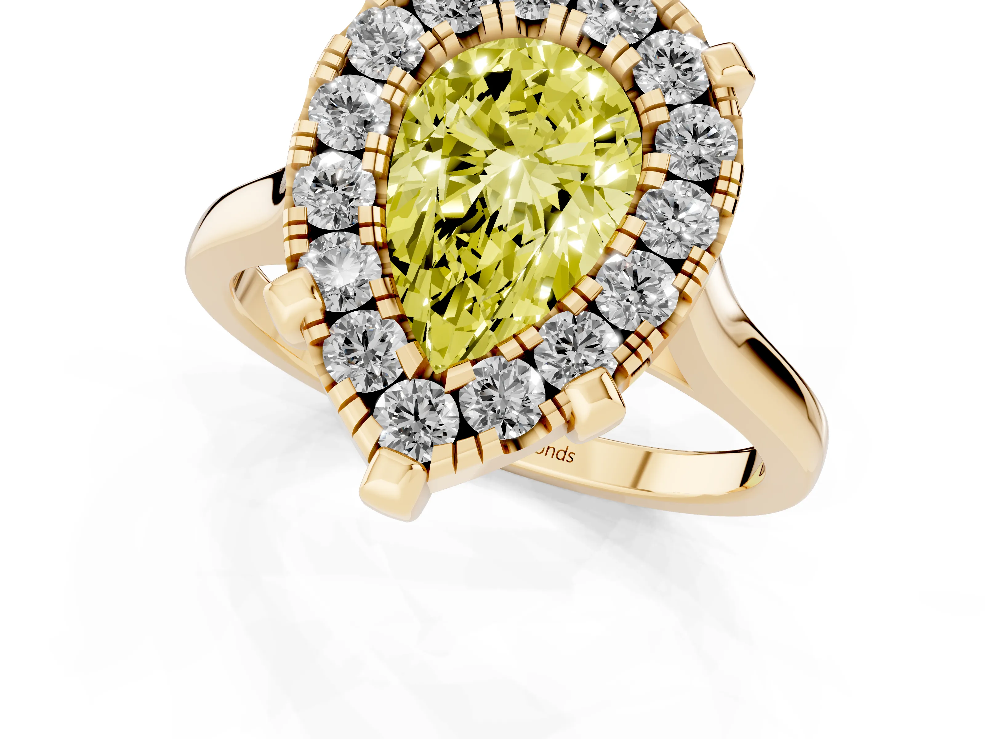 Fancy Yellow Pear Cut Diamond Cluster Halo Solitaire Ring Set in Yellow gold with Prong Setting