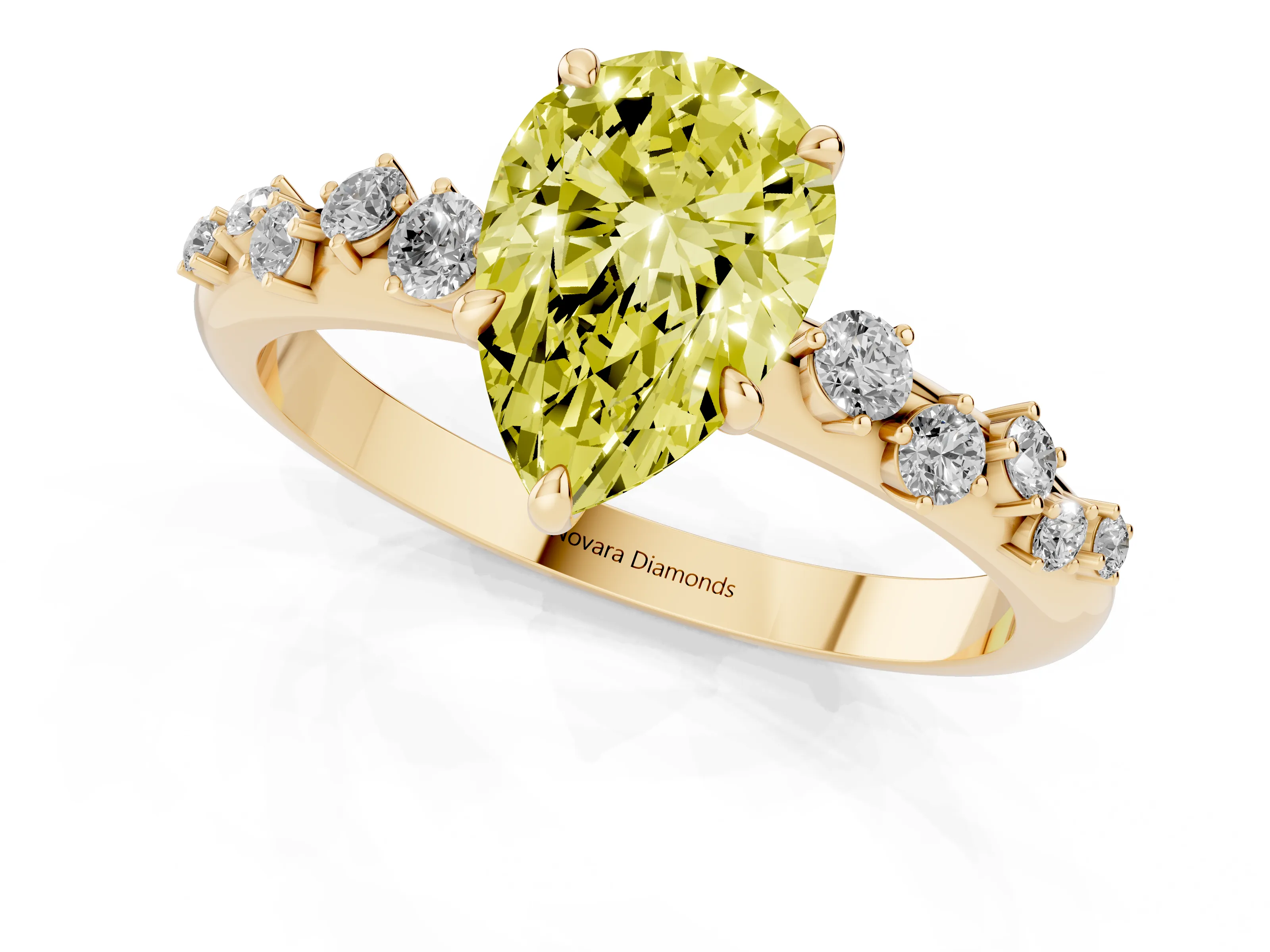 Fancy Yellow Pear Cut Diamond Cluster Solitaire Ring Set in Yellow gold with Prong Setting