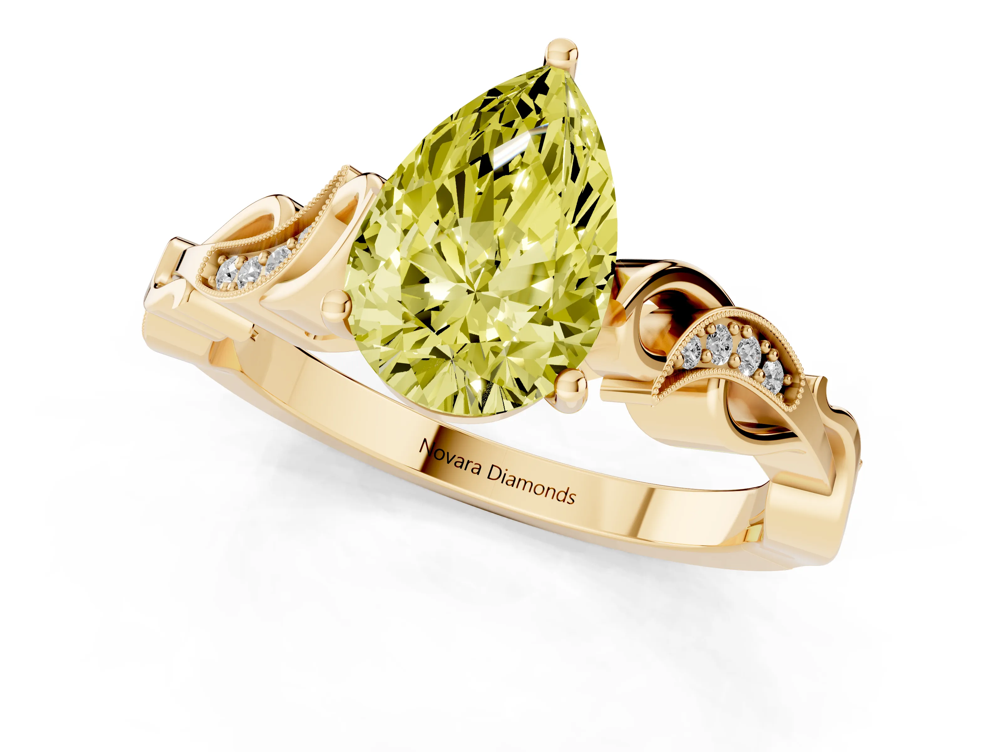 Fancy Yellow Pear Cut Diamond Vine Band Solitaire Ring Set in Yellow gold with Milgrain Prong Setting