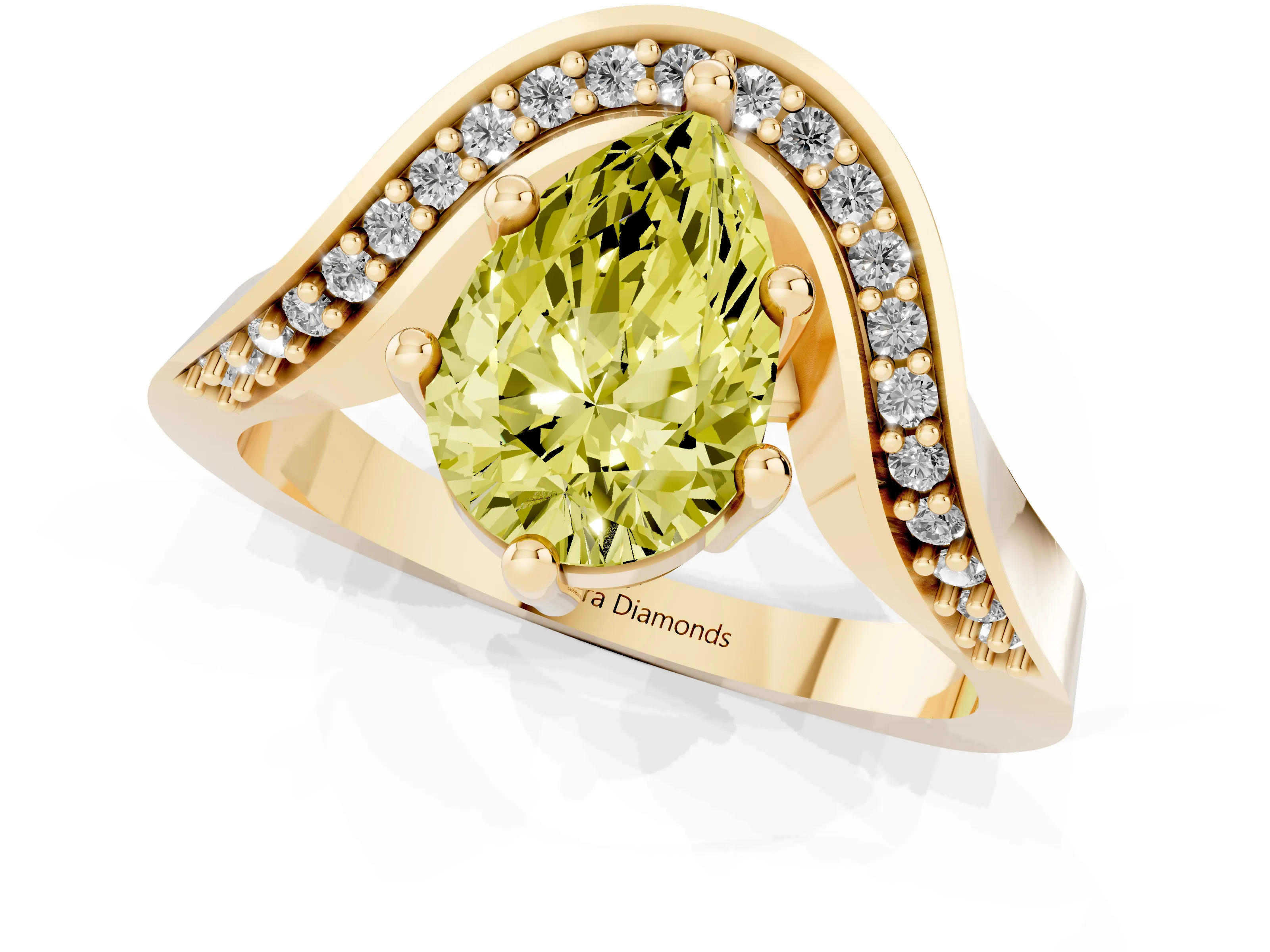 Fancy Yellow Pear Cut Diamond Solitaire Engagement Ring Set in Yellow gold with Pavé Shoulders
