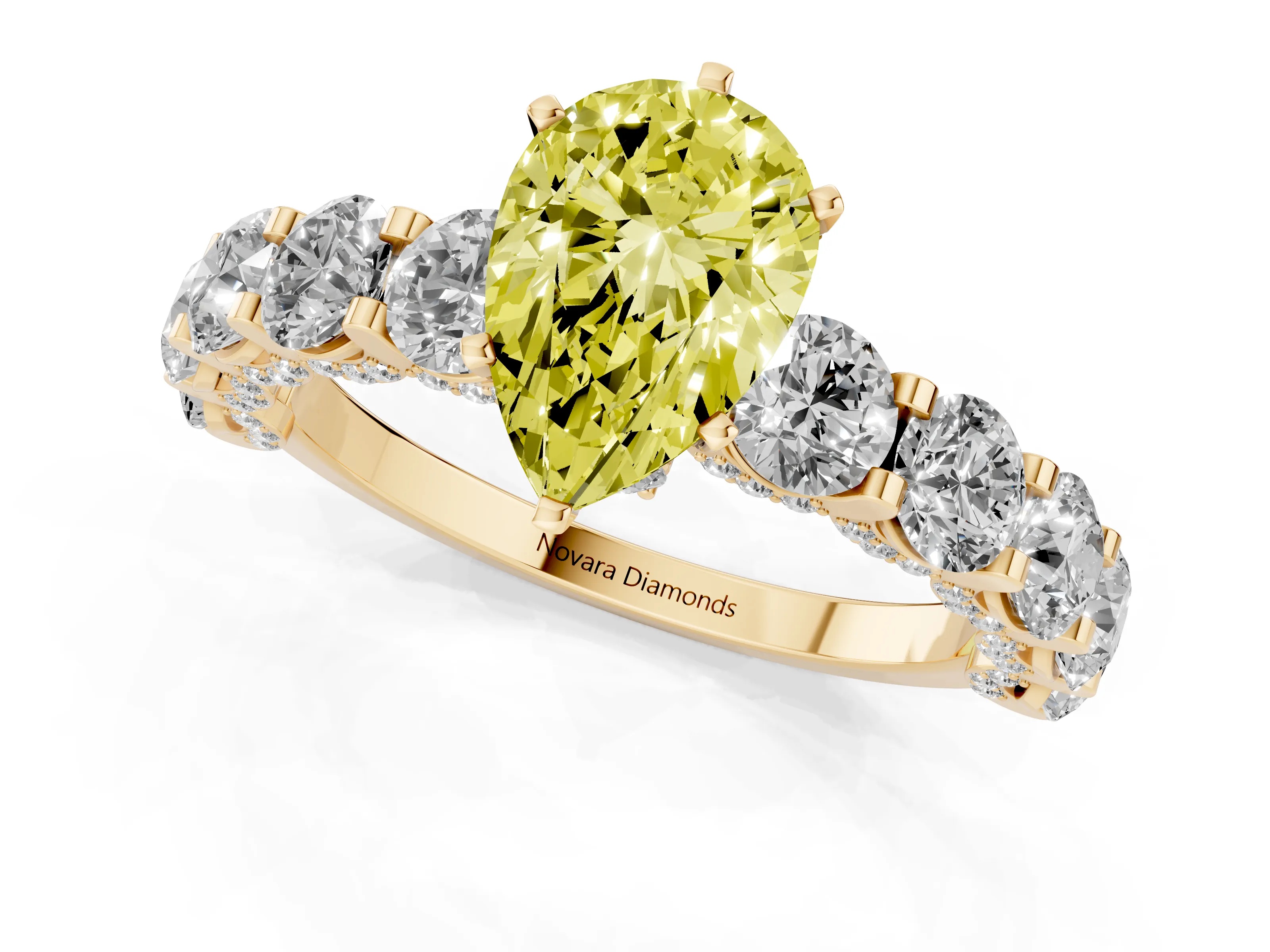 Fancy Yellow Pear Cut Diamond Side Stone Ring Set in Yellow gold with Alternating Round and Oval Side Stones