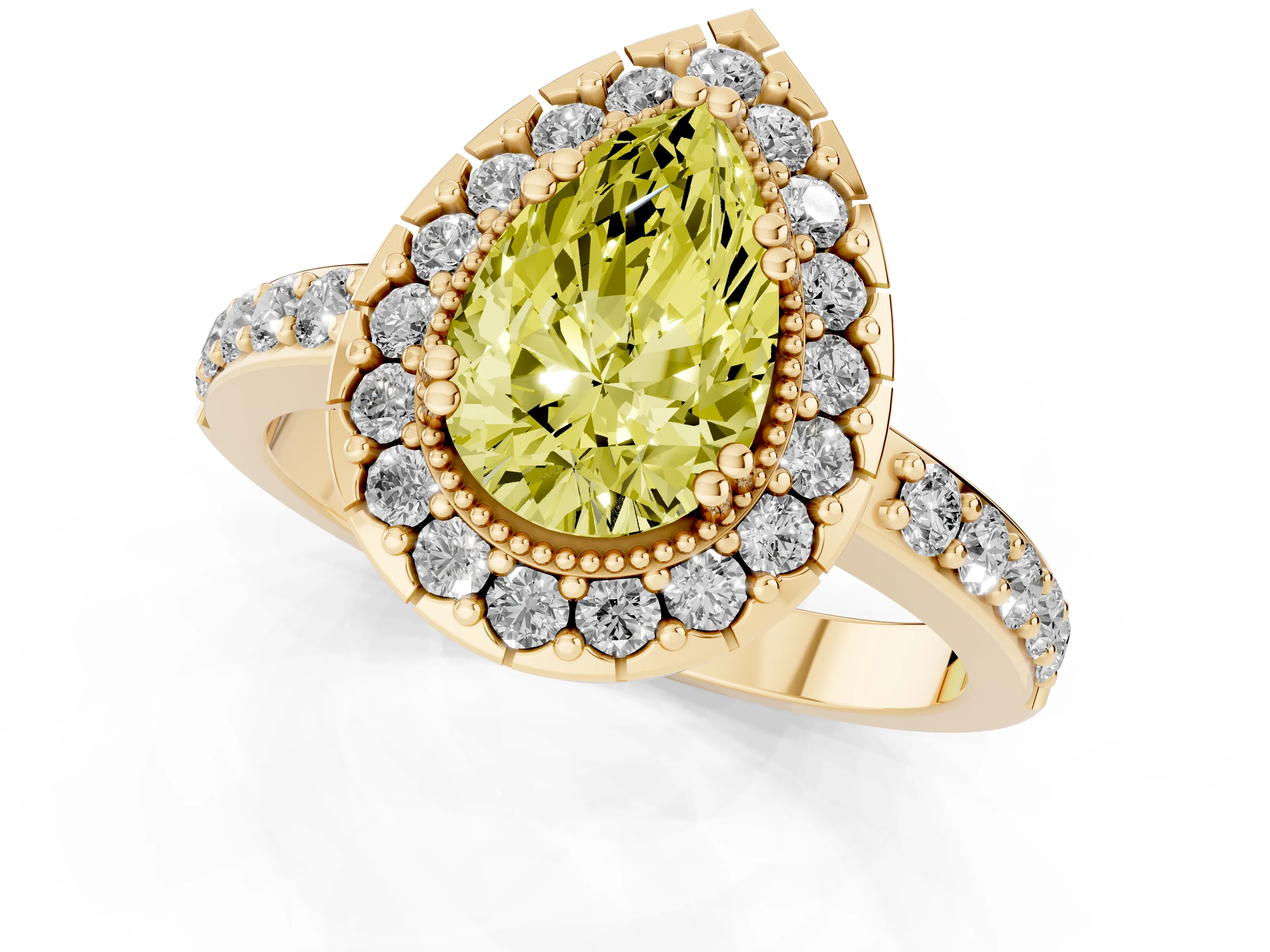 Fancy Yellow Pear Cut Diamond Halo Ring Set in Yellow gold with Pavé Shank and Prong Setting
