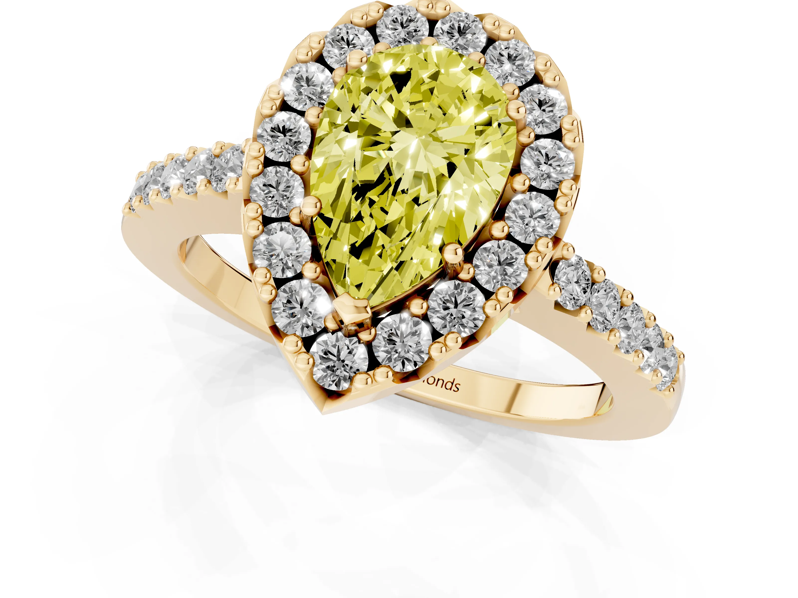Fancy Yellow Pear Cut Diamond Halo Pavé Solitaire Ring Set in Yellow gold with Prong-Set Center Stone