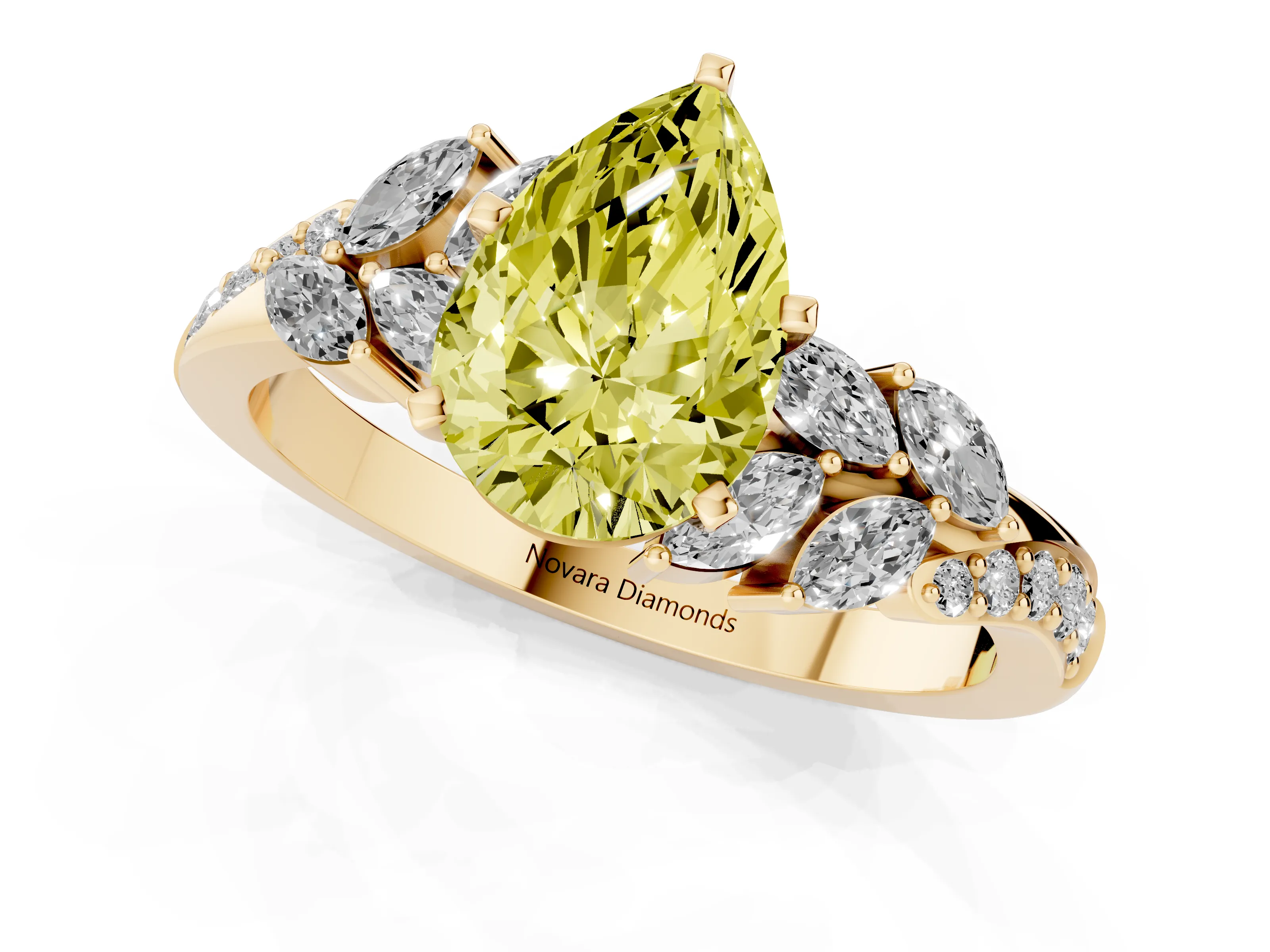 Fancy Yellow Pear Cut Diamond Solitaire Ring Set in Yellow gold with Marquise Twist Band and Prong Setting