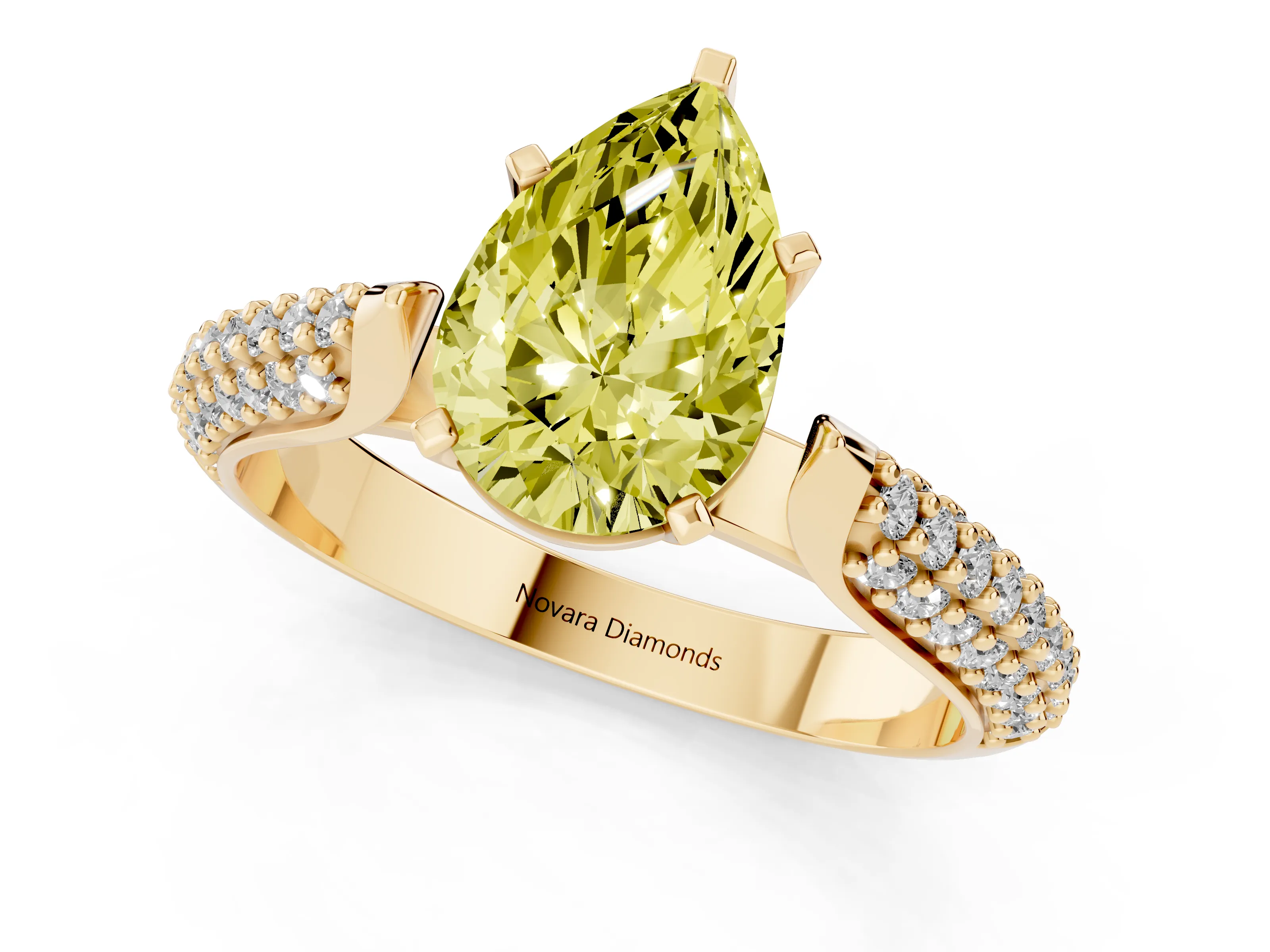 Fancy Yellow Pear Cut Diamond Solitaire Engagement Ring Set in Yellow gold with Multi-Row Round Pavé Band and Prong Setting
