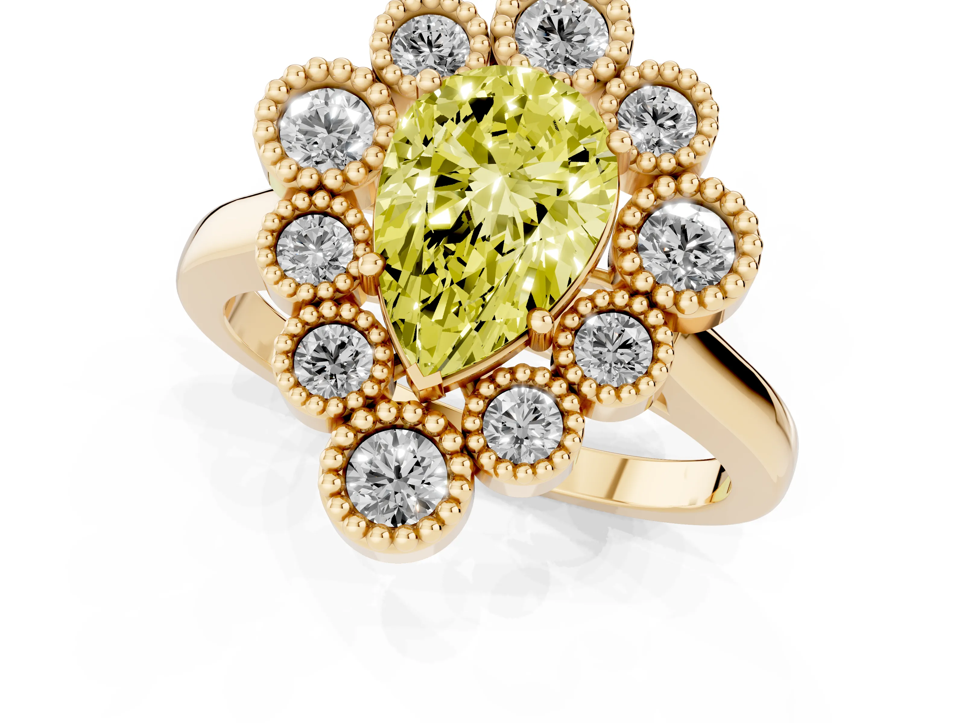 Fancy Yellow Pear Cut Diamond Cluster Halo Ring Set in Yellow gold with Milgrain Bezel Accents and Plain Band