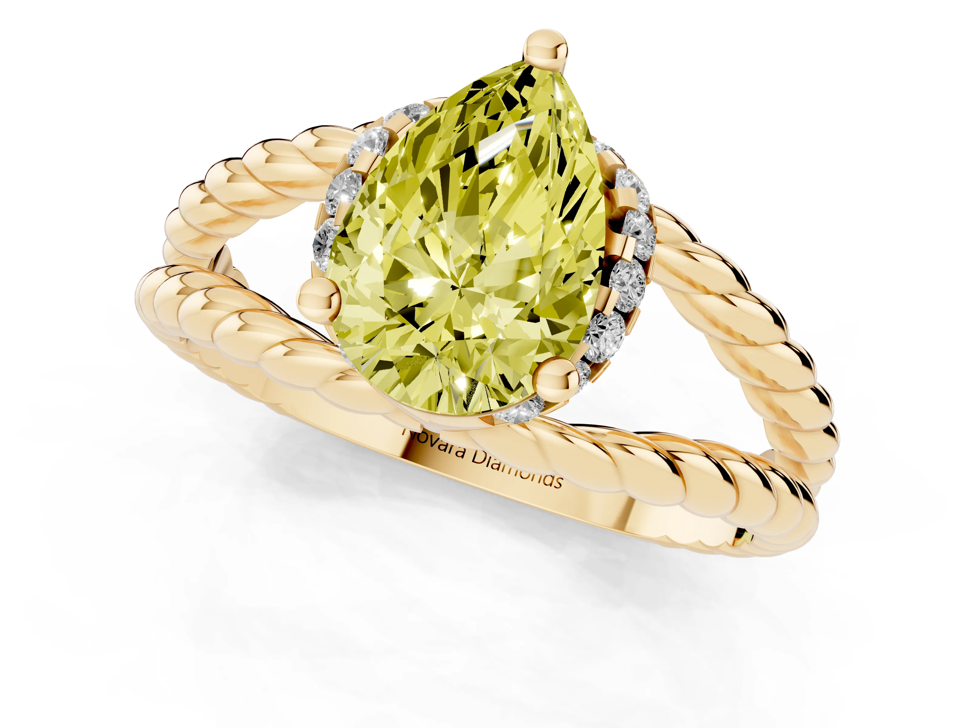 Fancy Yellow Pear Cut Diamond Halo Ring Set in Yellow gold with Twisted Band and Prong Setting