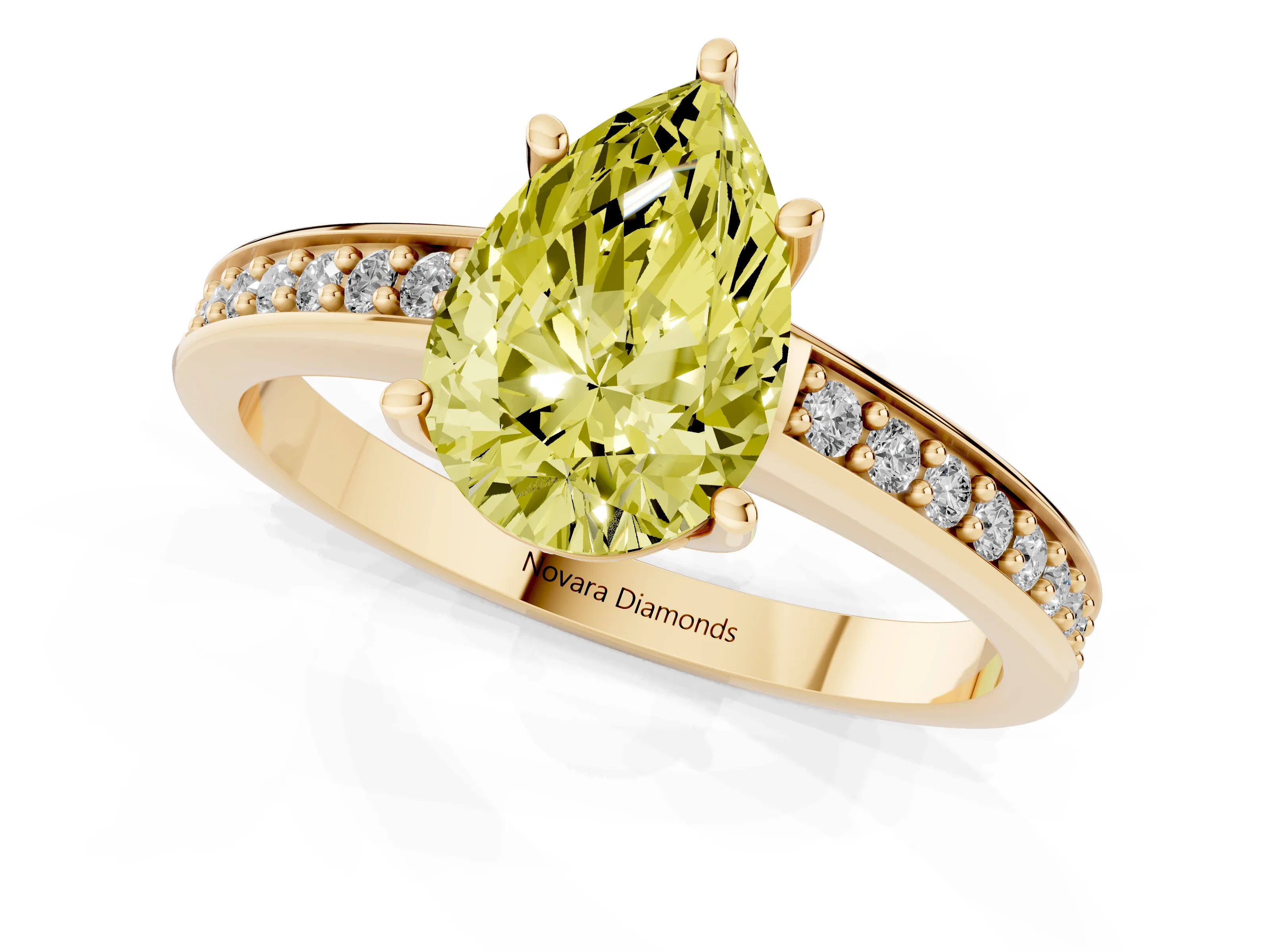 Fancy Yellow Pear Cut Diamond Pavé Band Prong Set Solitaire Ring Set in Yellow gold
