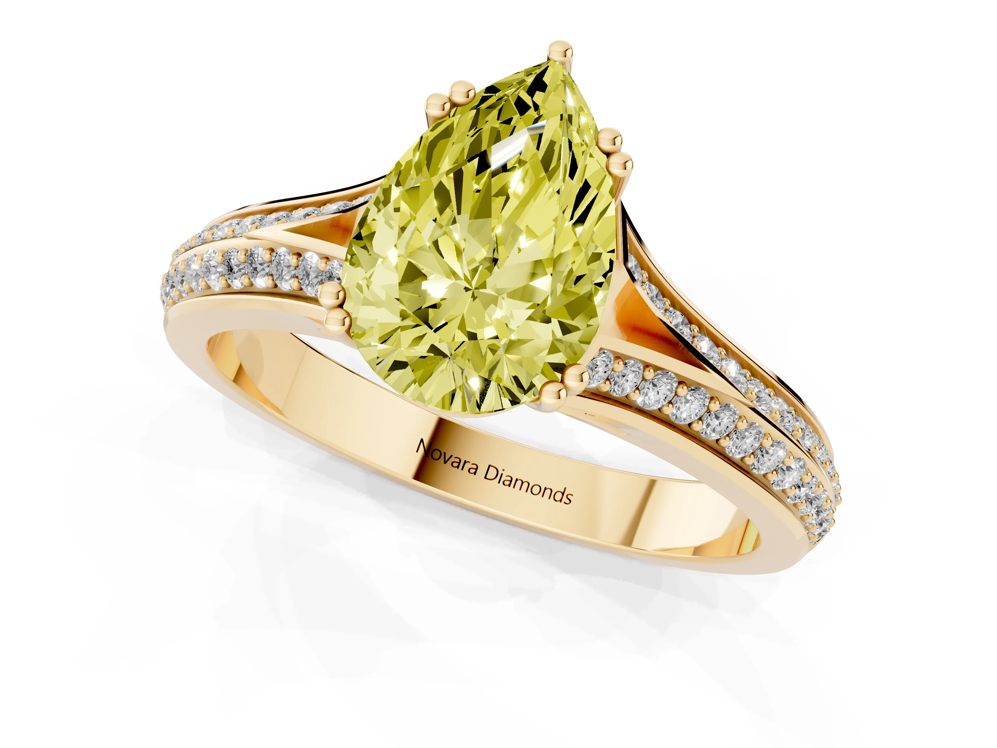 Fancy Yellow Pear Cut Diamond Split Shank Pavé Engagement Ring Set in Yellow gold with Prong-Set Center Stone