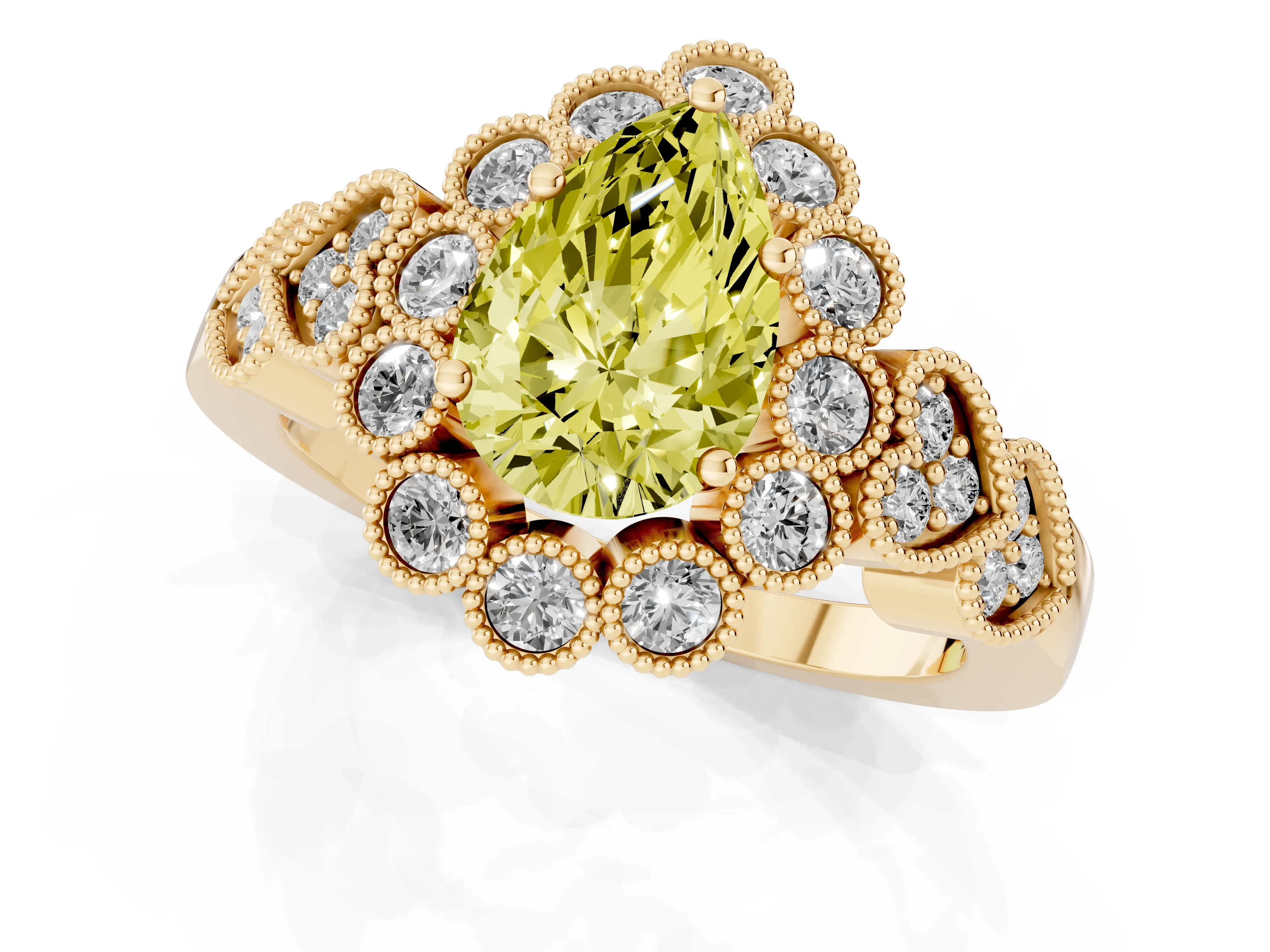 Fancy Yellow Pear Cut Diamond Solitaire Ring Set in Yellow gold with Milgrain Pavé Heart Band – second view