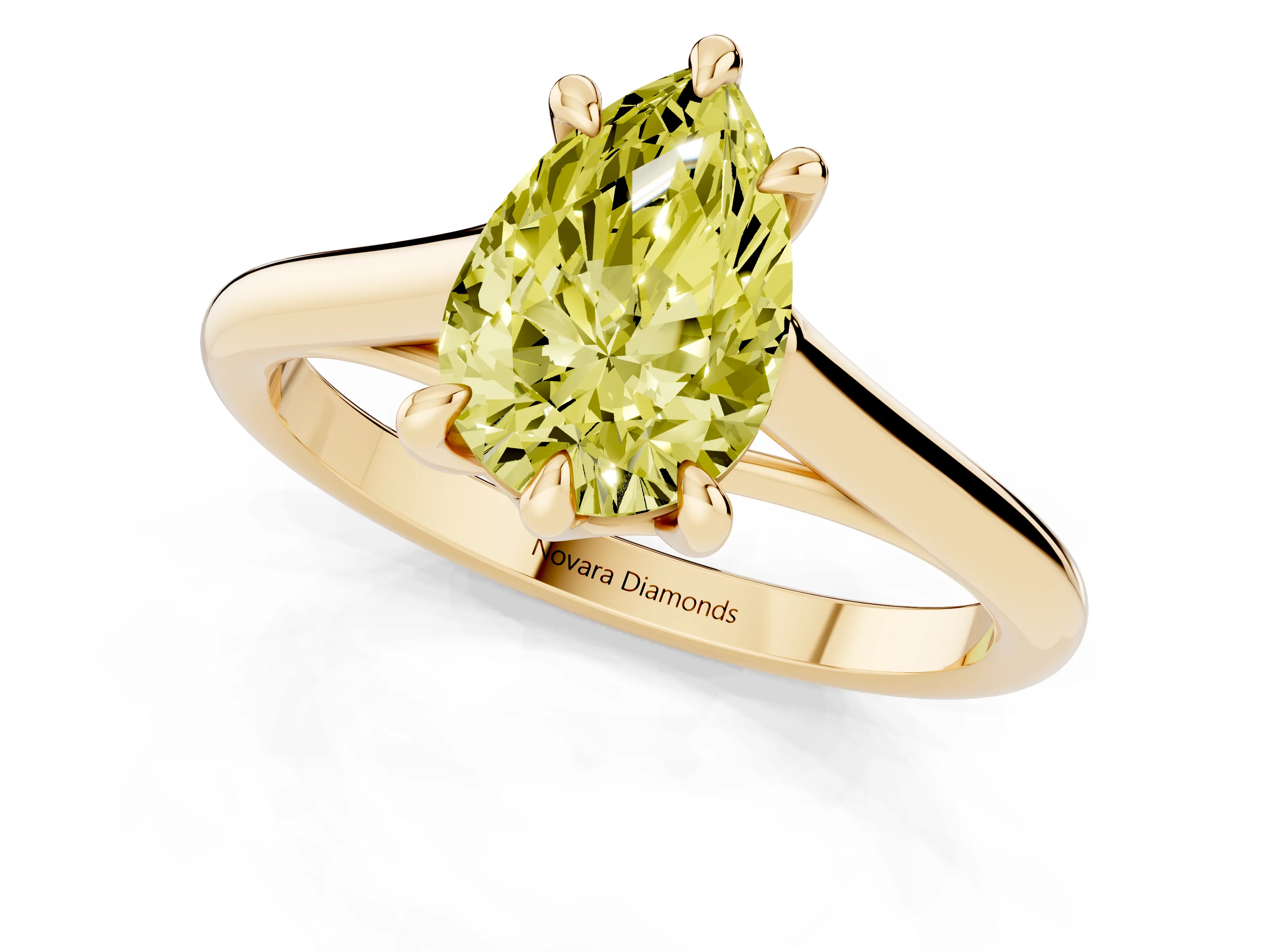 Fancy Yellow Pear Cut Diamond Solitaire Engagement Ring Set in Yellow gold with Prong Setting and Plain Classic Band