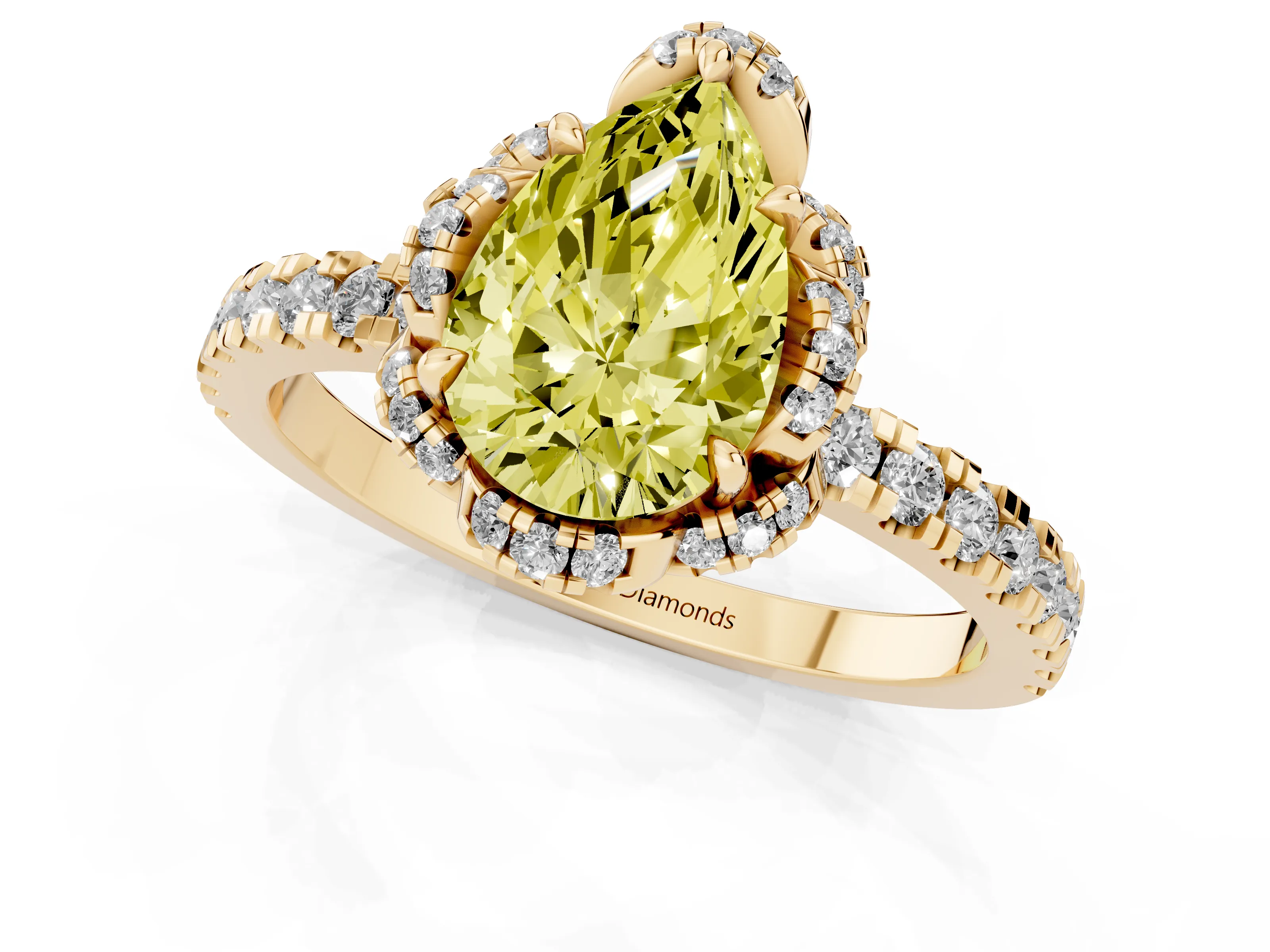 Fancy Yellow Pear Cut Diamond Halo Pavé Band Ring Set in Yellow gold with Prong-Held Center