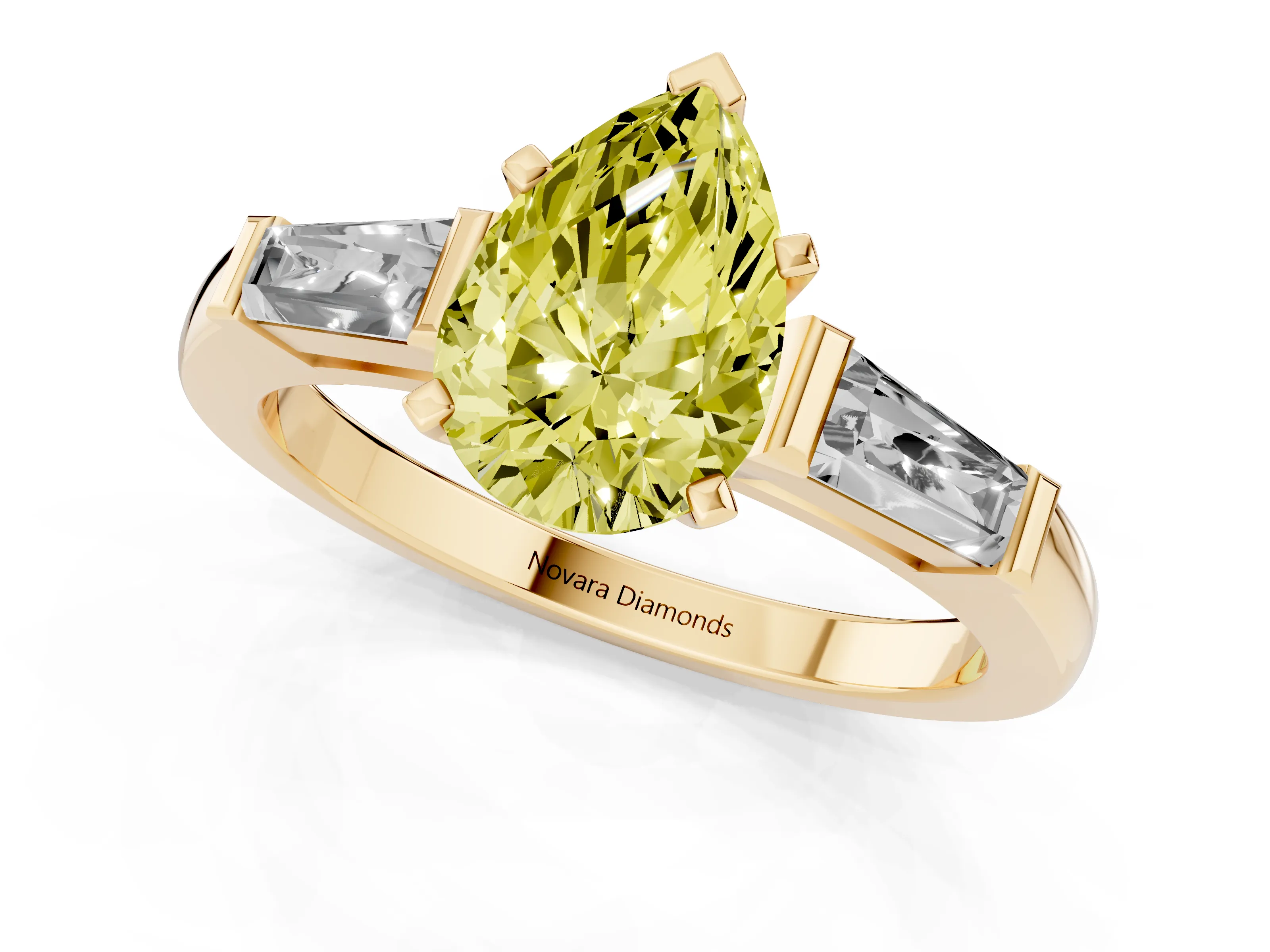 Fancy Yellow Pear Cut Diamond Solitaire Ring Set in Yellow gold with Tapered Baguette Side Stones and Prong Setting