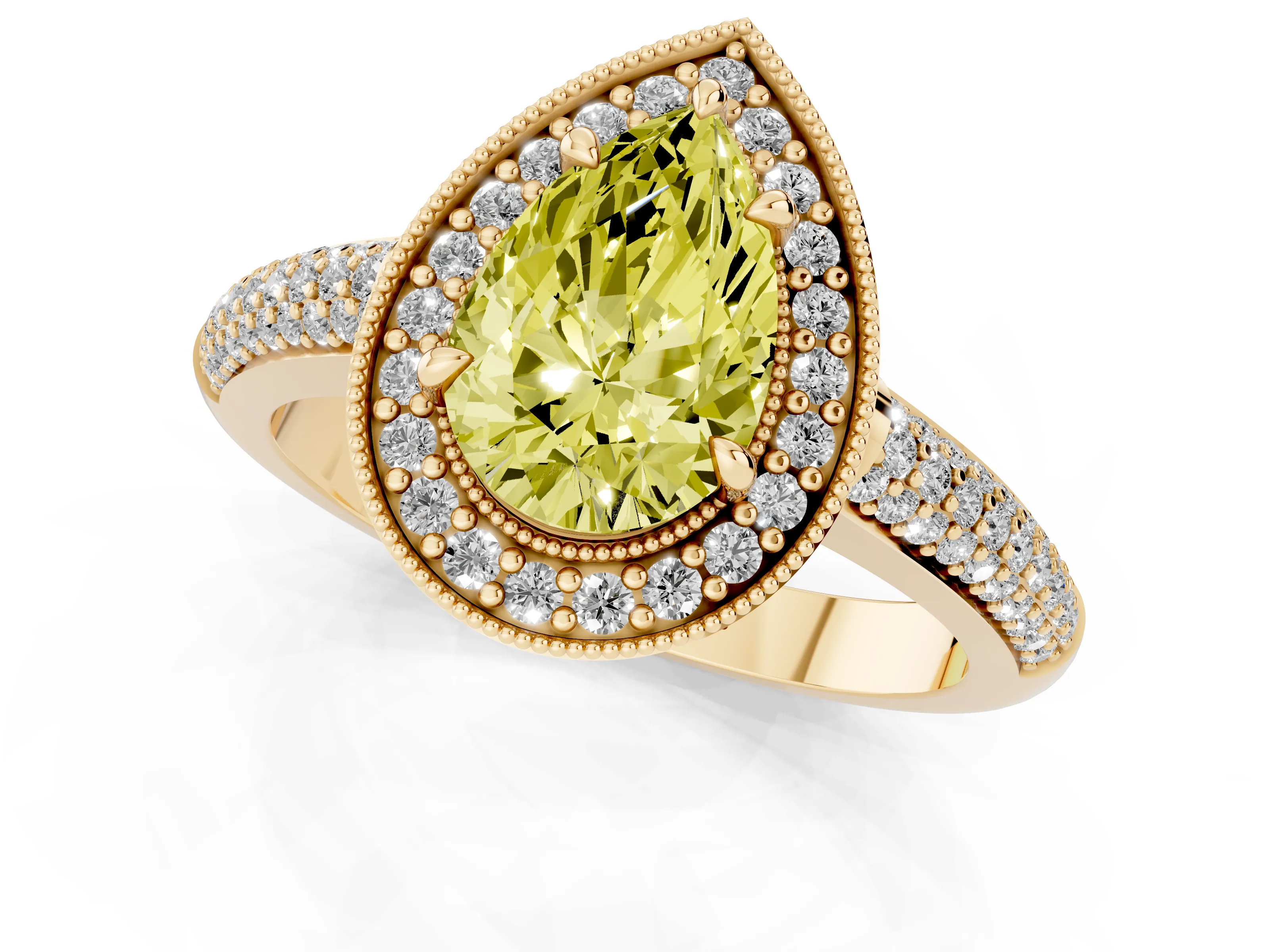 Fancy Yellow Pear Cut Diamond Halo Pavé Band Set in Yellow gold with Prong Setting