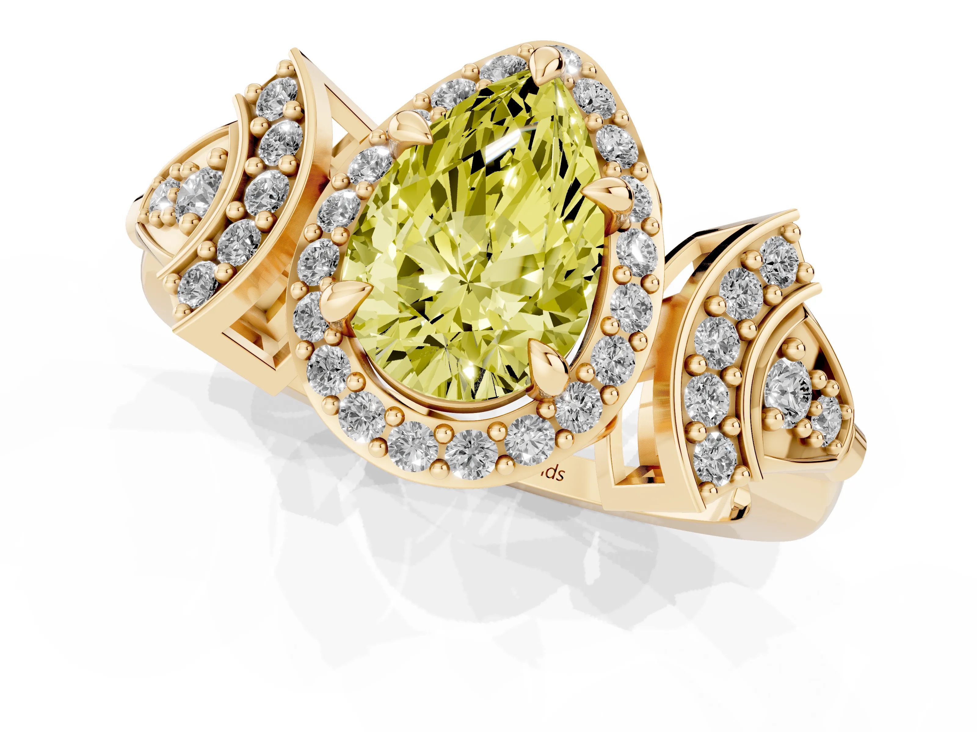 Fancy Yellow Pear Cut Diamond Halo Engagement Ring Set in Yellow gold with Accent Stone Split Shank