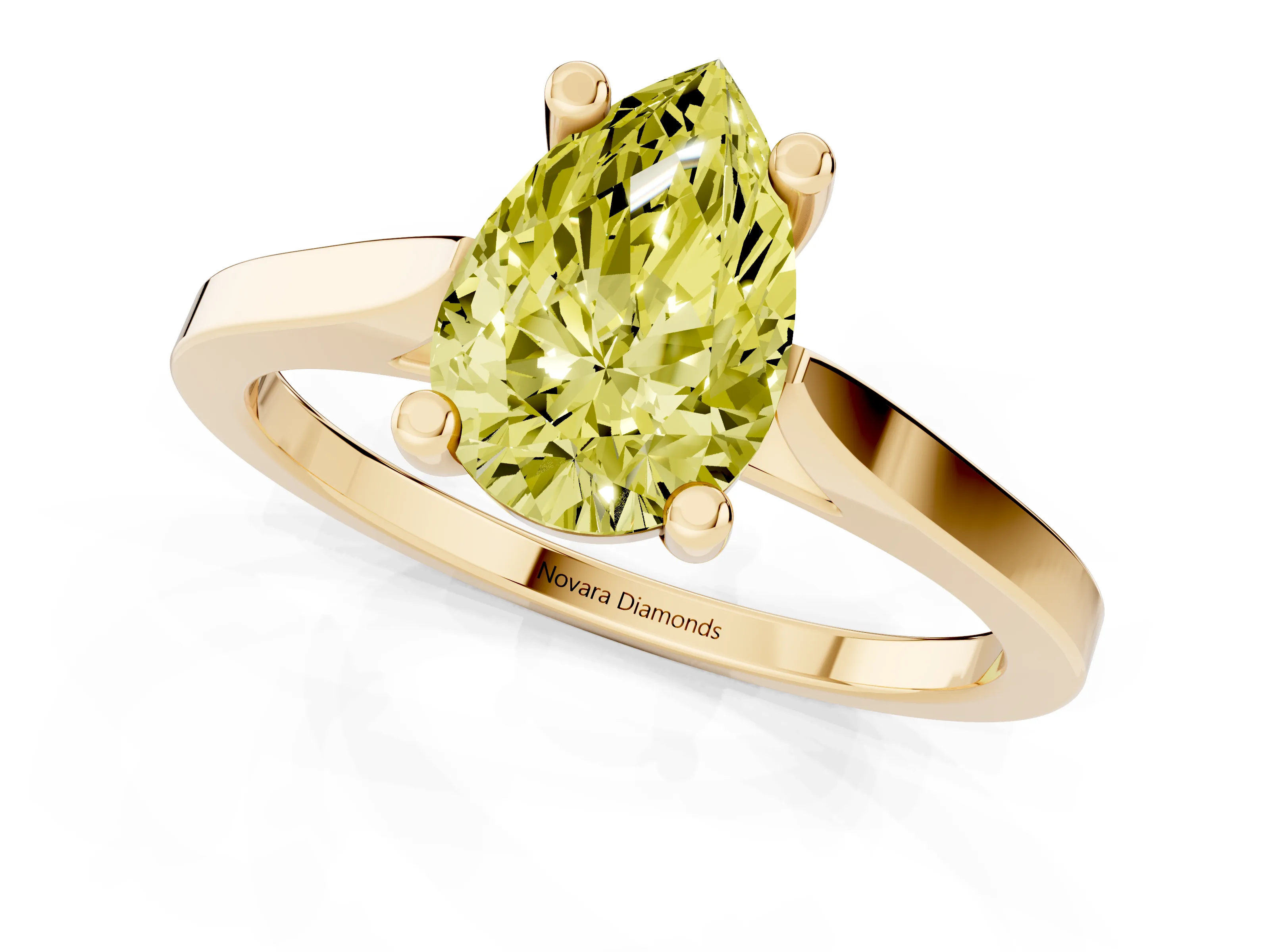 Fancy Yellow Pear Cut Diamond Solitaire Ring Set in Yellow gold with Prong Setting and Tapered Band