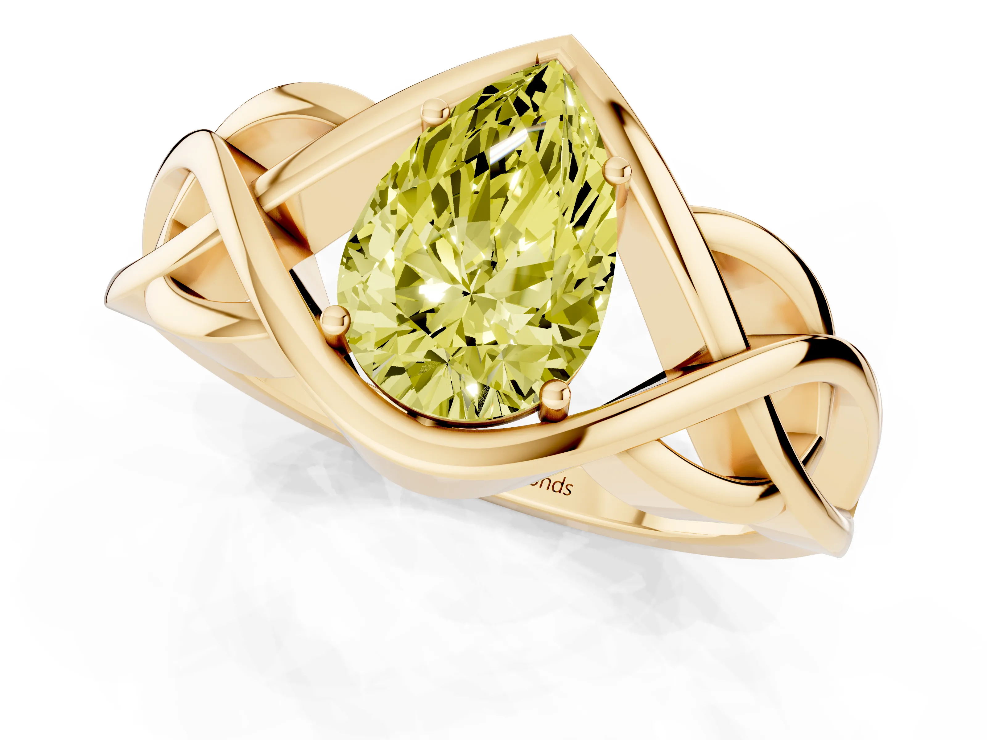 Fancy Yellow Pear Cut Diamond Solitaire Ring Set in Yellow gold with Intertwined Band