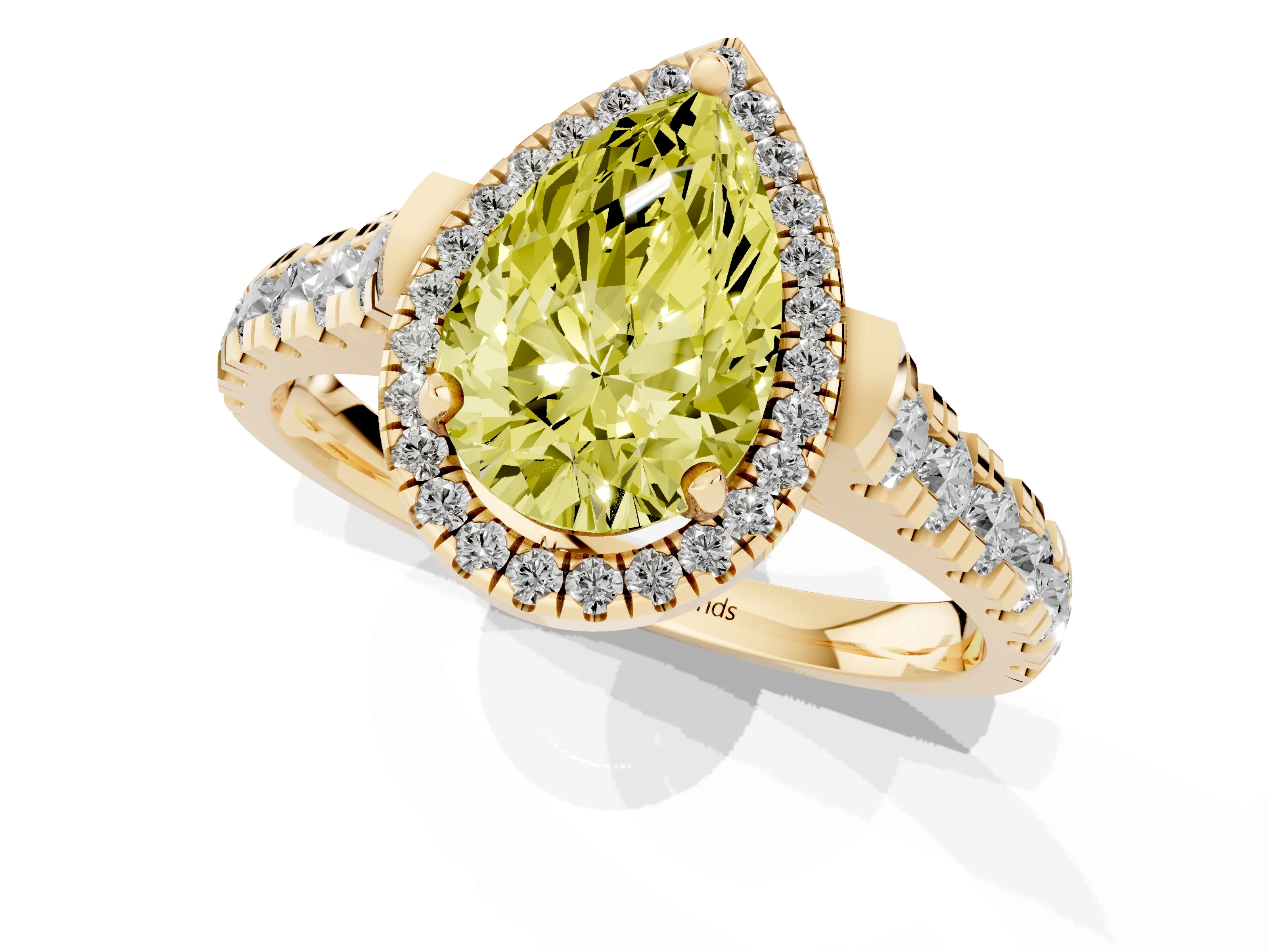 Fancy Yellow Pear Cut Diamond Halo Engagement Ring Set in Yellow gold with Pavé Band and Prong-Set Center