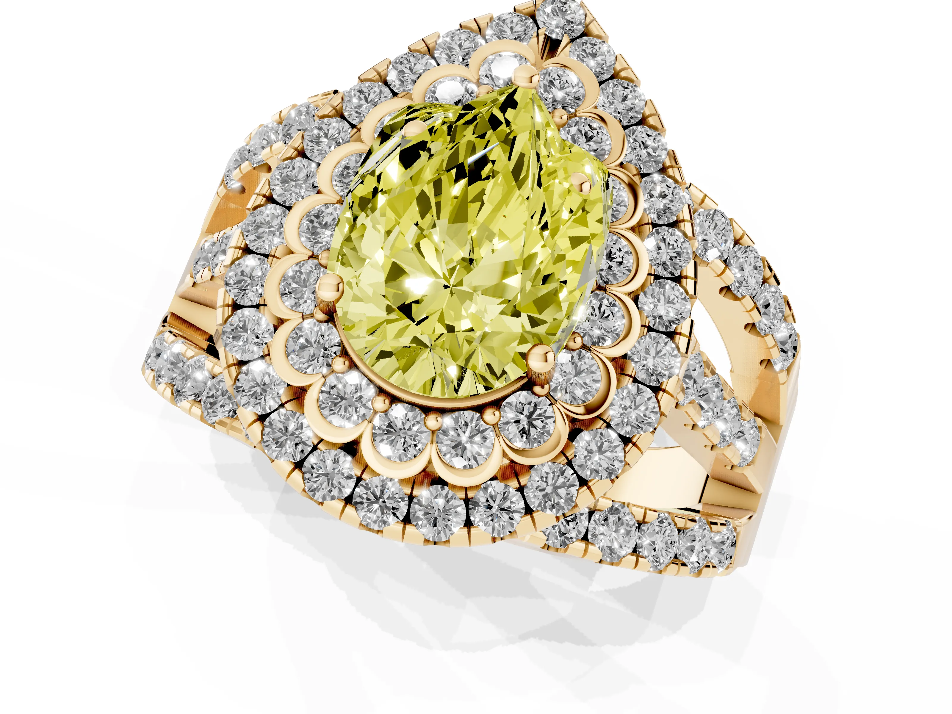 Fancy Yellow Pear Cut Diamond Double Halo Ring Set in Yellow gold with Round Pavé Split Shank