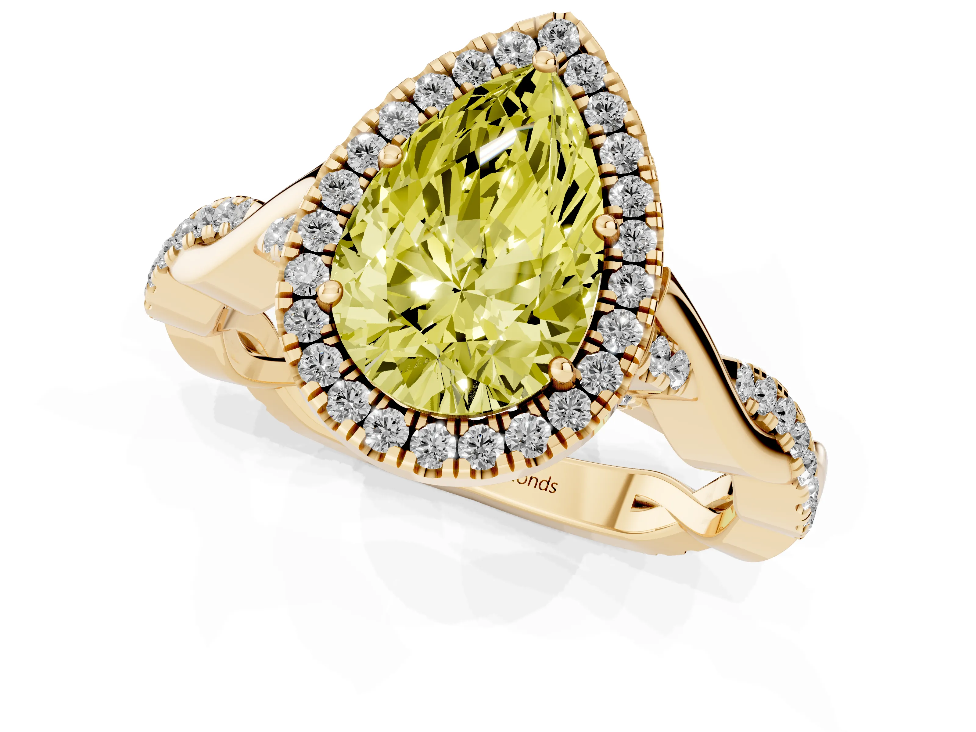 Fancy Yellow Pear Cut Diamond Halo Twist Band Solitaire Ring Set in Yellow gold with Prong Setting