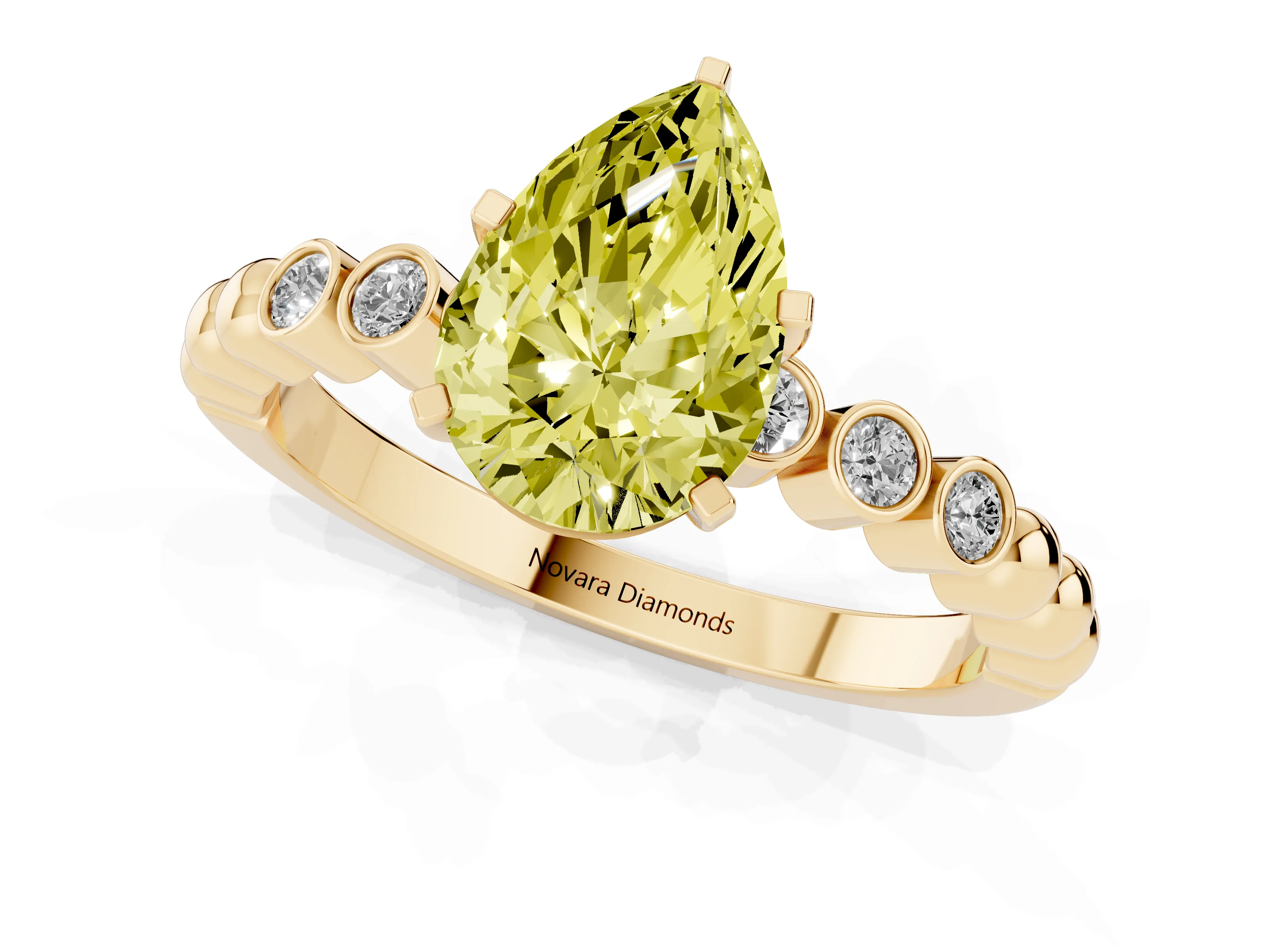Fancy Yellow Pear Cut Diamond Solitaire Engagement Ring Set in Yellow gold with Bezel Accents on Beaded Band – second view