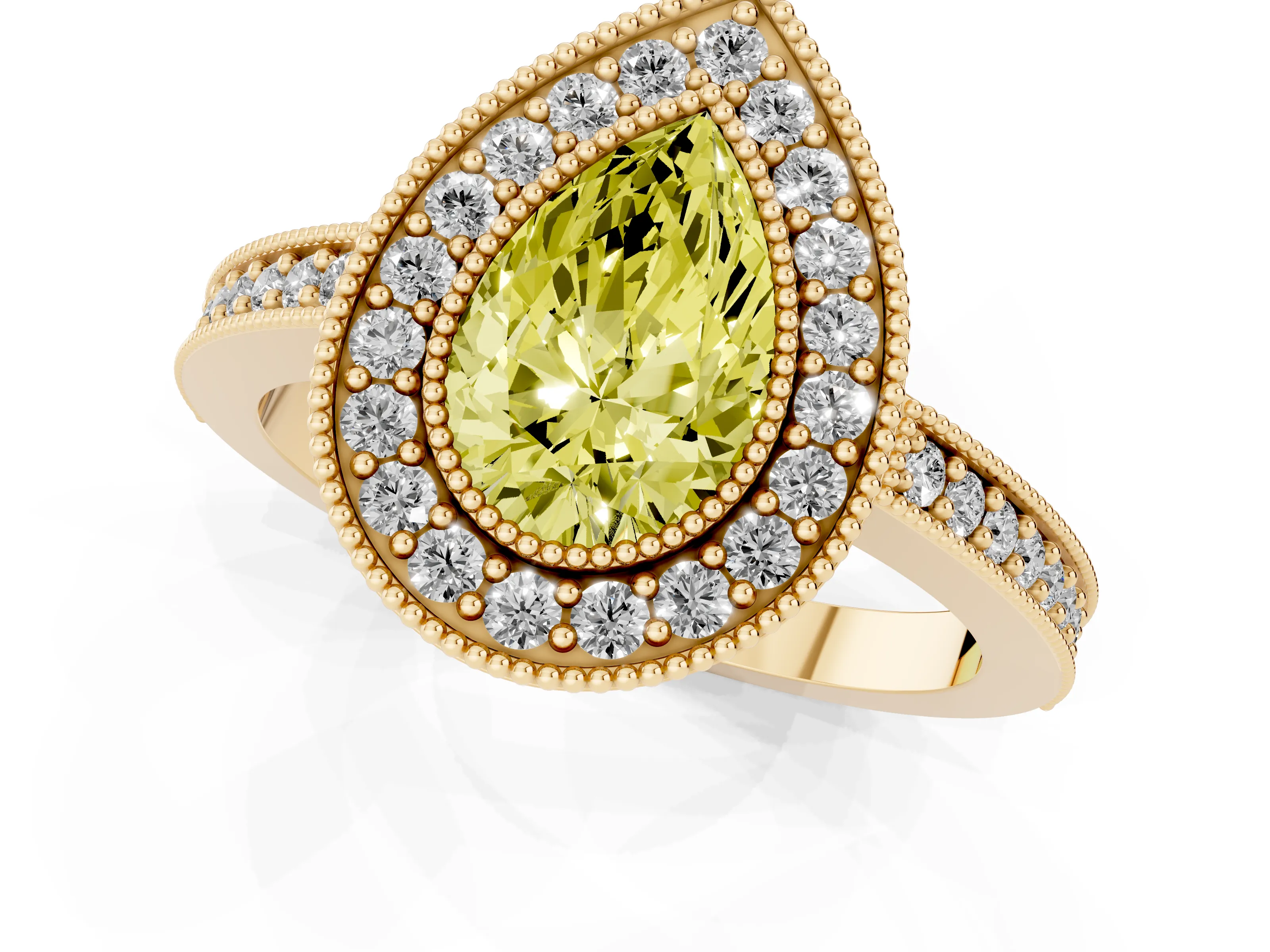 Fancy Yellow Pear Cut Diamond Halo Engagement Ring Set in Yellow gold with Pavé Band and Round Halo Stones