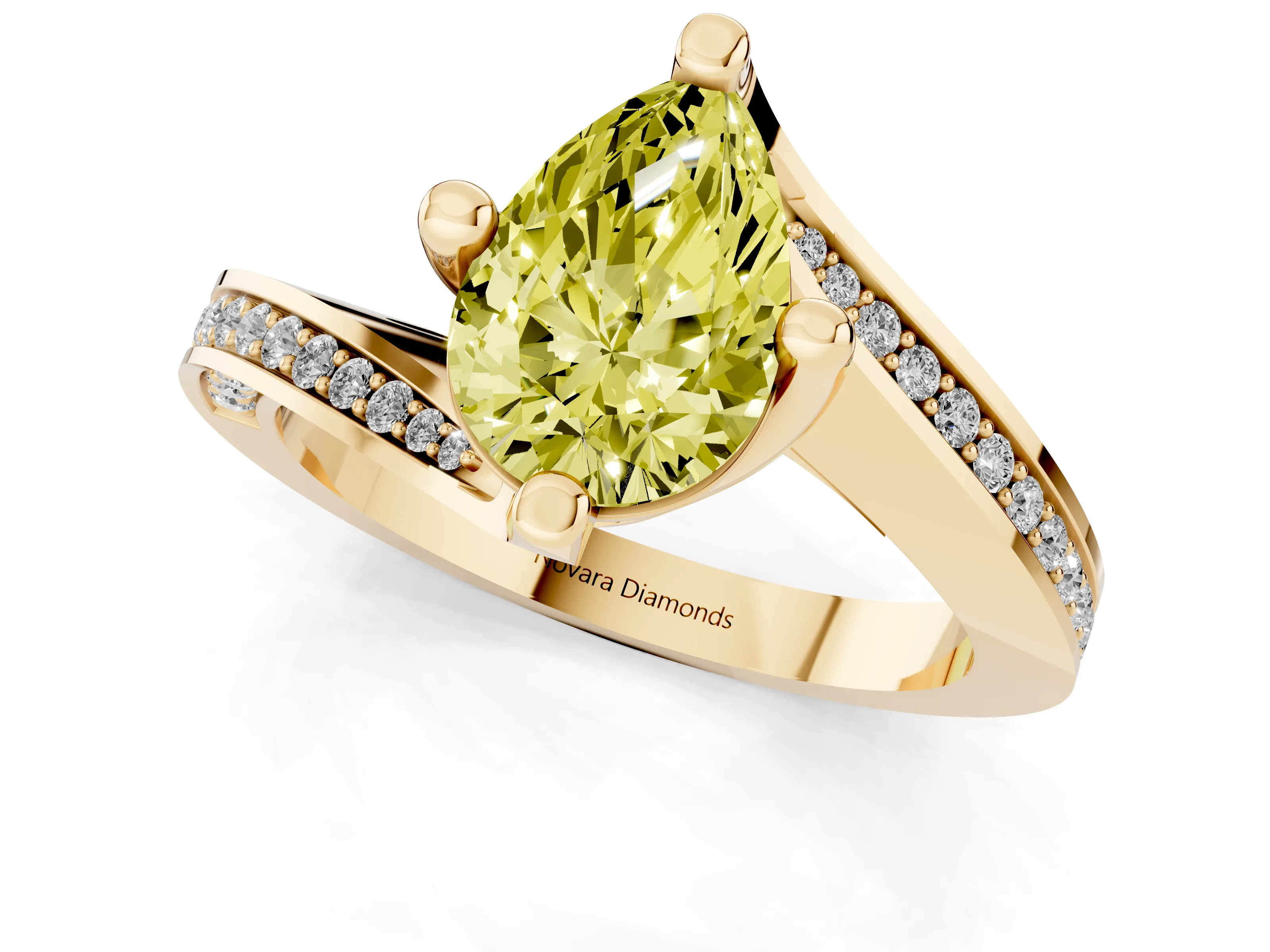 Fancy Yellow Pear Cut Diamond Solitaire Ring Set in Yellow gold with Intertwined Pavé Twist Band