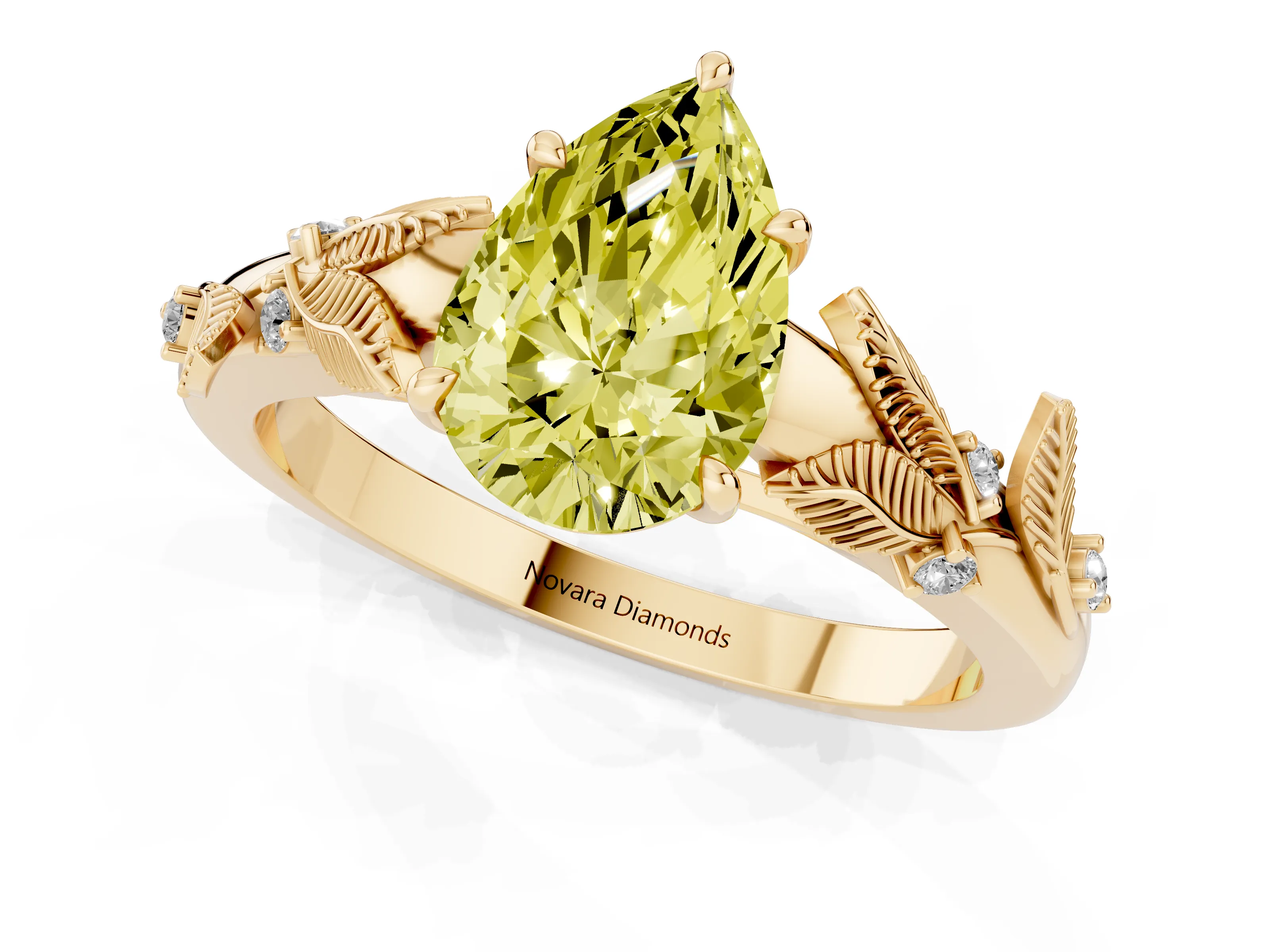 Fancy Yellow Pear Cut Diamond Solitaire Ring Set in Yellow gold with Leaf Motif Band