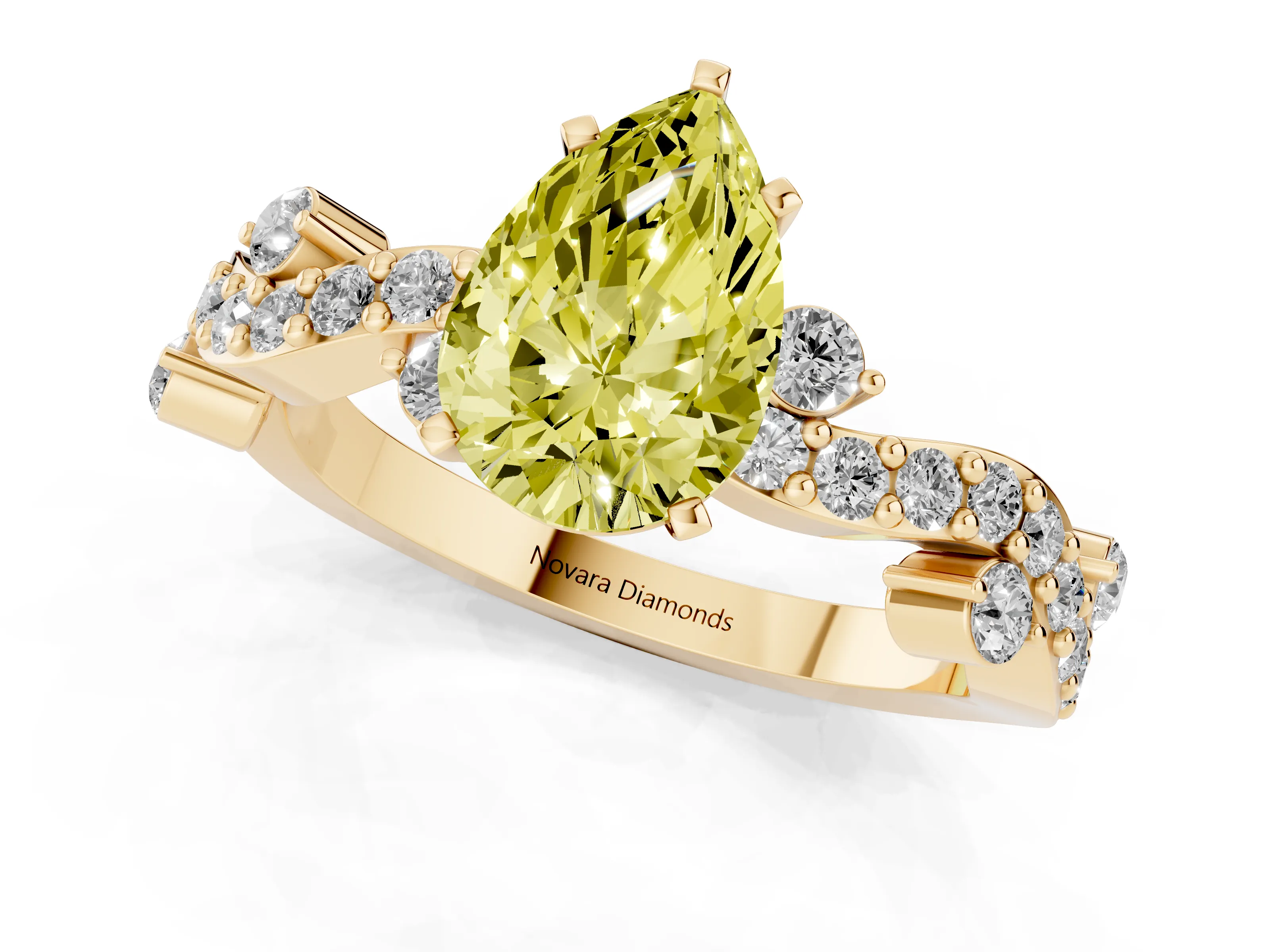 Fancy Yellow Pear Cut Diamond Solitaire Twisted Band Set in Yellow gold with Pavé Setting