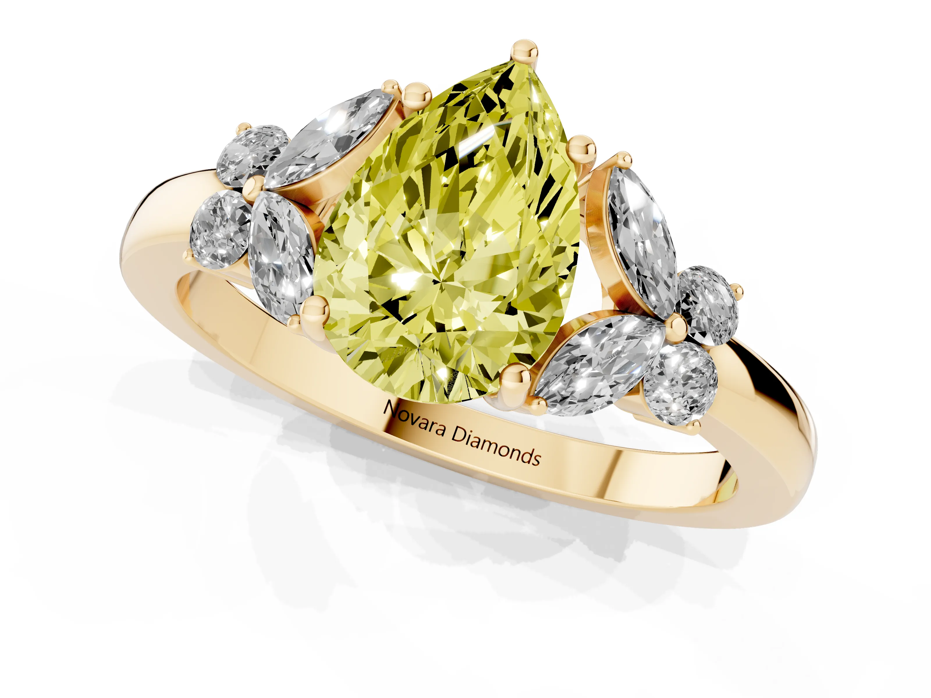 Fancy Yellow Pear Cut Diamond Solitaire Floral Ring Set in Yellow gold with Marquise Petals and Prong Setting