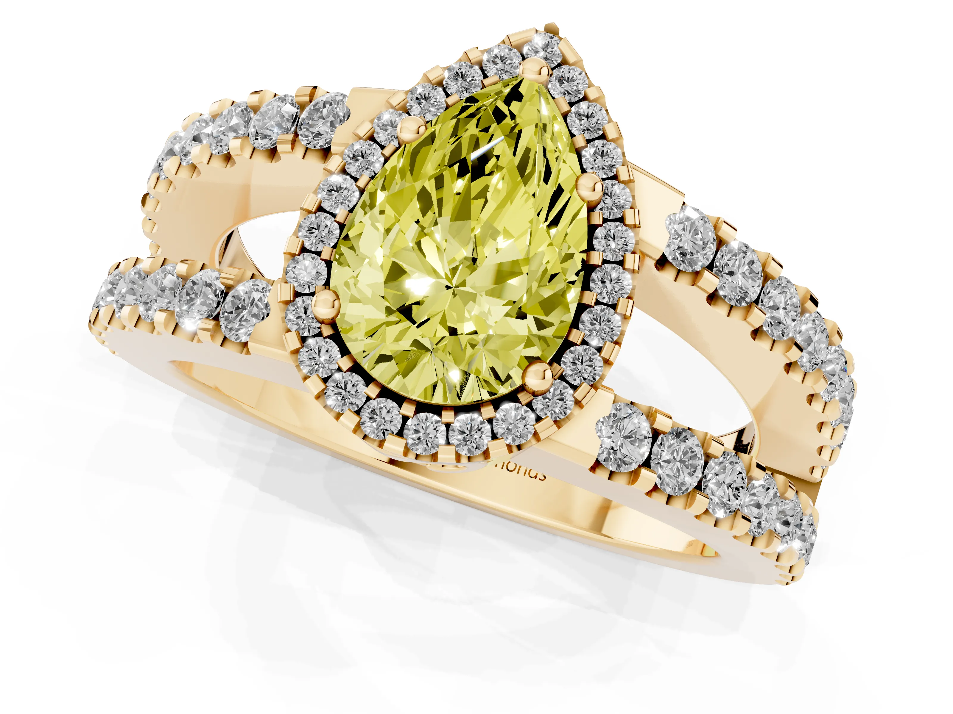 Fancy Yellow Pear Cut Diamond Halo Ring Set in Yellow gold with Pavé Split Shank and Prong Setting