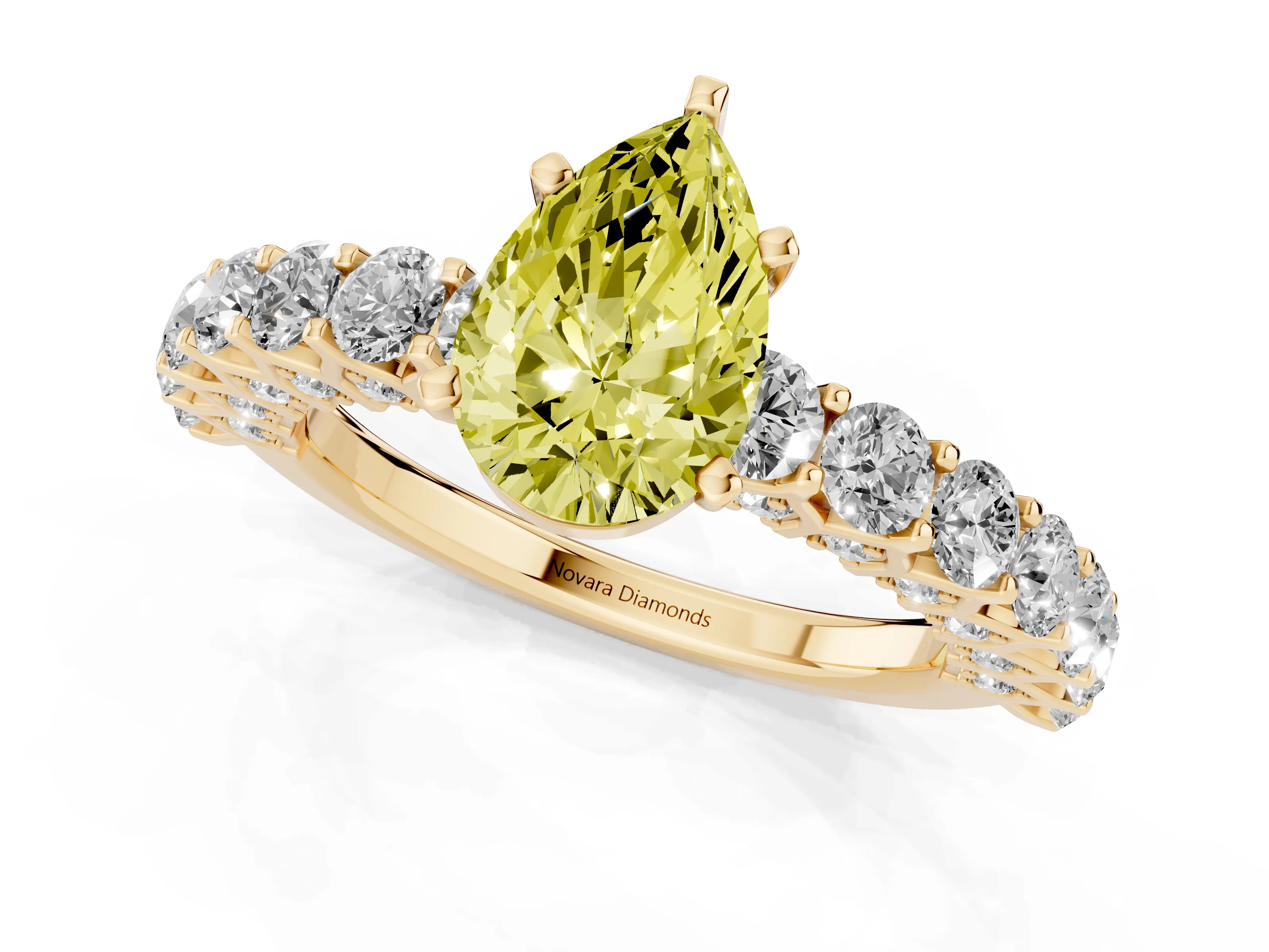 Fancy Yellow Pear Cut Diamond Solitaire Ring Set in Yellow gold with Shared Prong Pavé Band