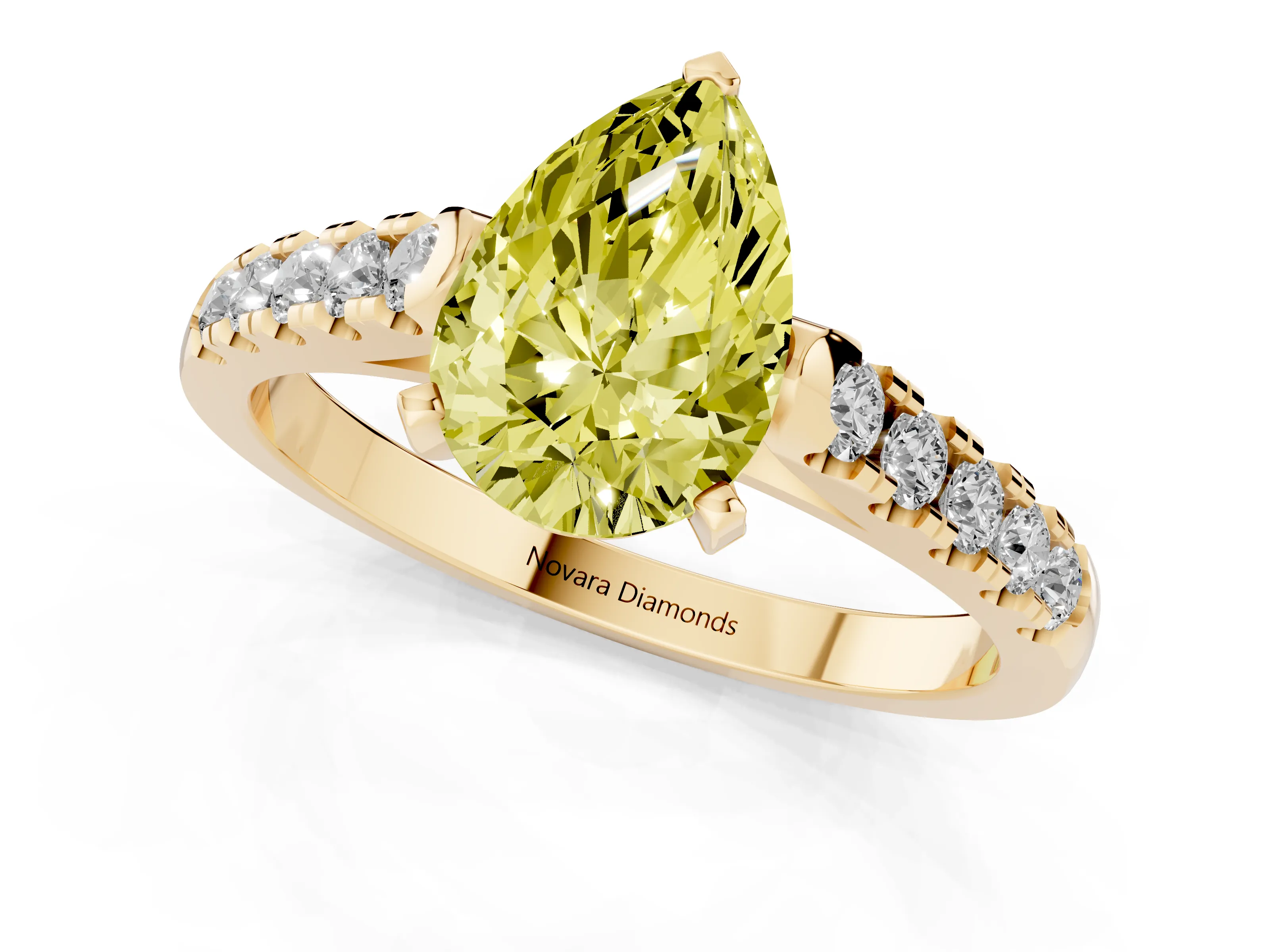 Fancy Yellow Pear Cut Diamond Pavé Band Solitaire Ring Set in Yellow gold with Partway Accent Stones and Prong Setting