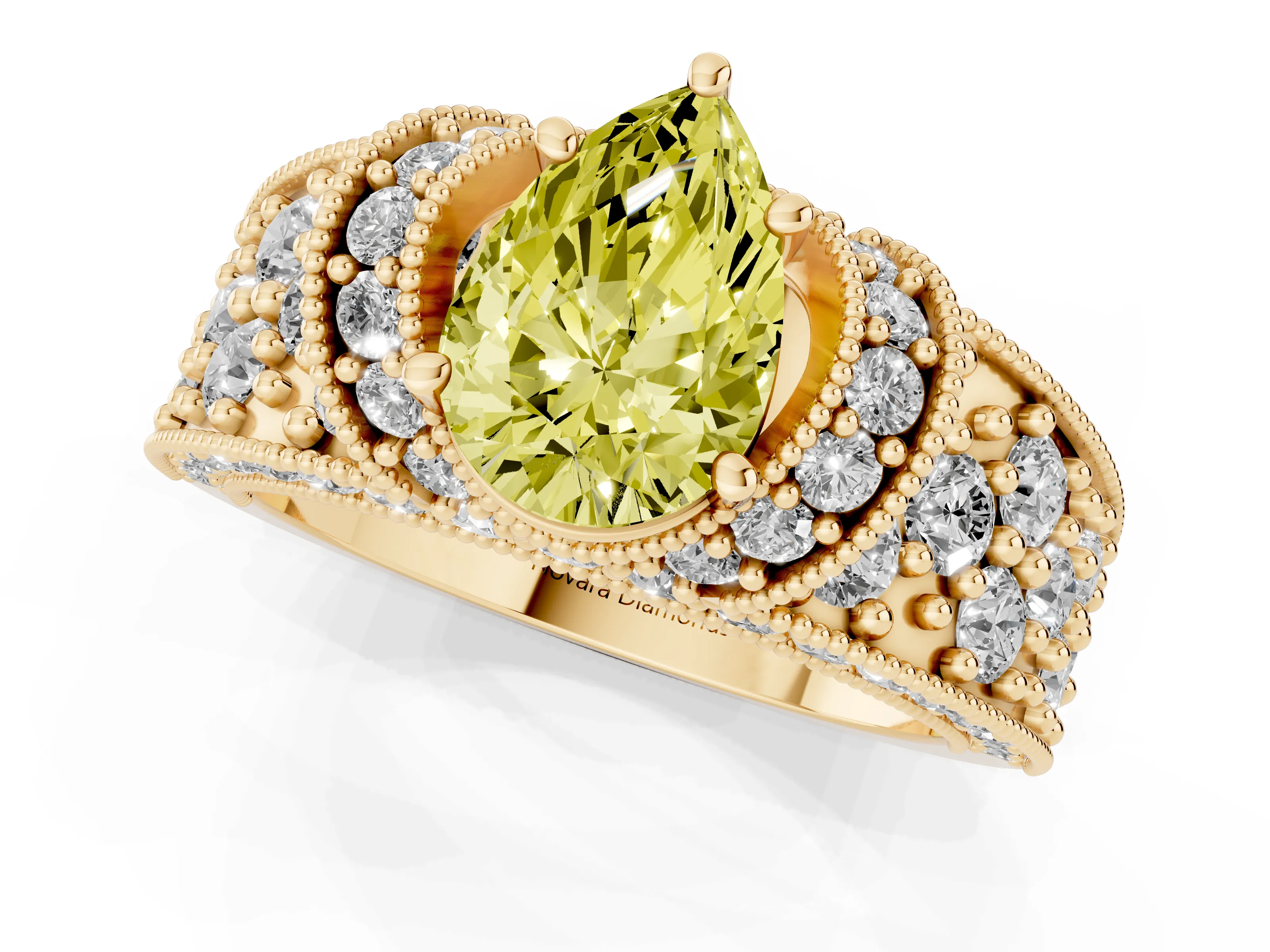 Fancy Yellow Pear Cut Diamond Milgrain Halo Pavé Engagement Ring Set in Yellow gold with Prong Setting