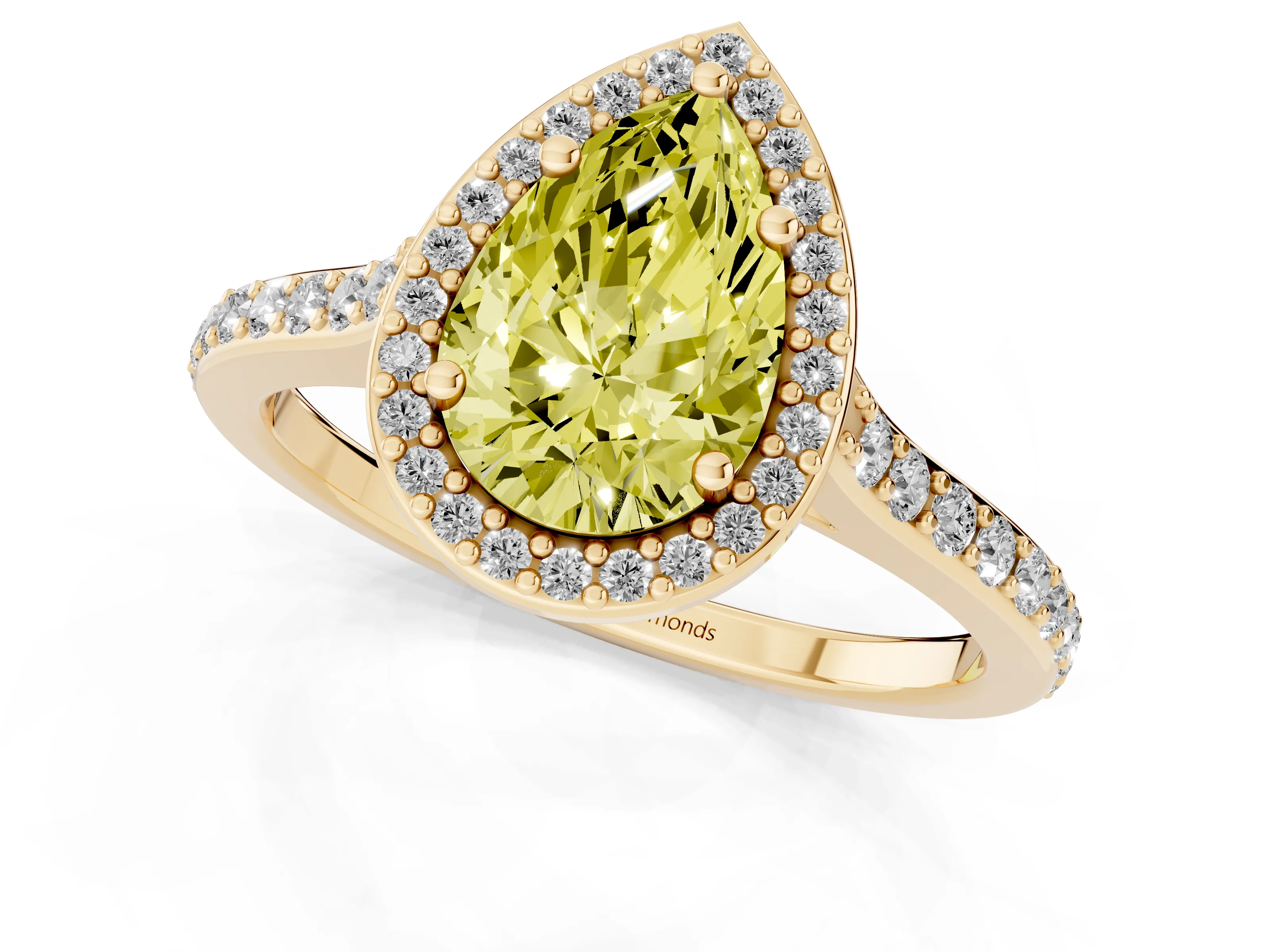 Fancy Yellow Pear Cut Diamond Halo Engagement Ring Set in Yellow gold with Round Pavé Shoulders and Heart Gallery