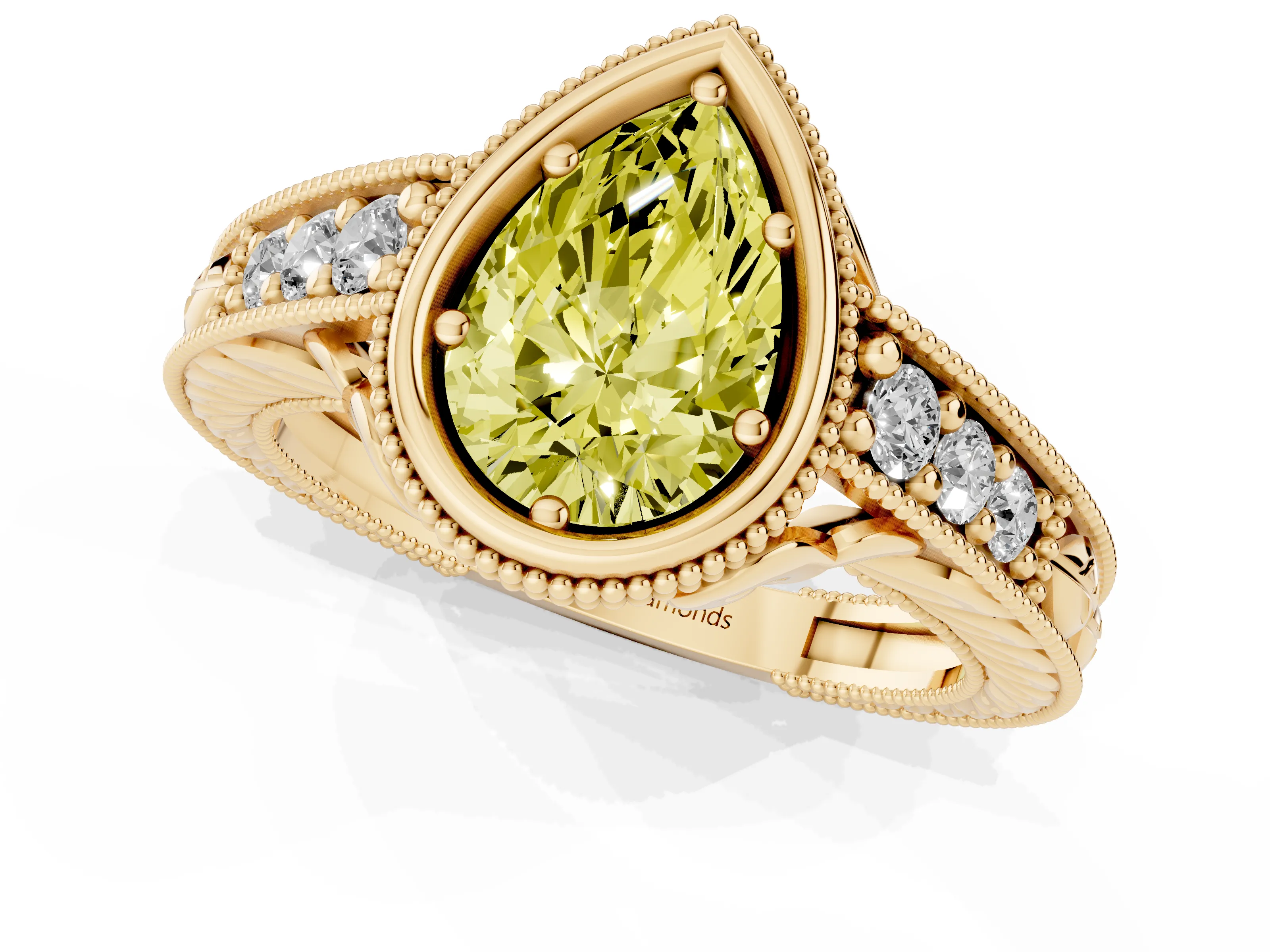 Fancy Yellow Bezel Set Pear Cut Diamond Milgrain Pavé Engagement Ring Set in Yellow gold